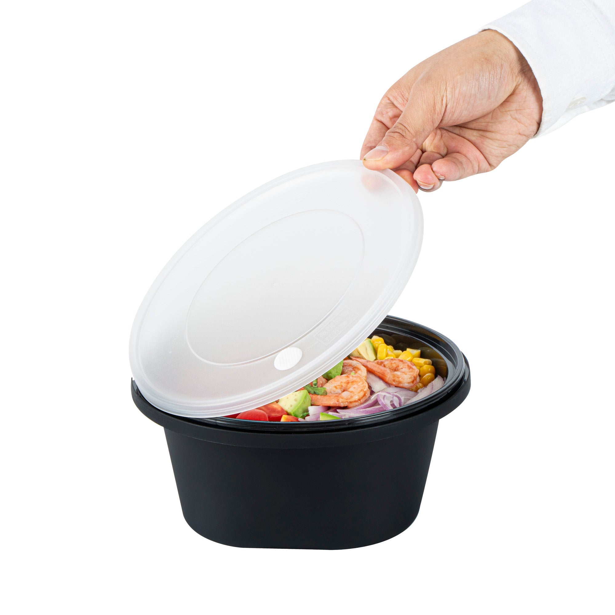 Cater Tek 59 oz Round Black Plastic Catering / Serving Bowl - with Clear Lid, Microwavable - 8" x 8" x 3 3/4" - 100 count box
