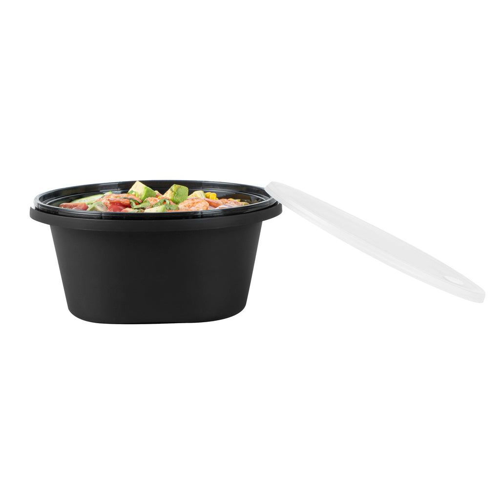 Cater Tek 59 oz Round Black Plastic Catering / Serving Bowl - with Clear Lid, Microwavable - 8" x 8" x 3 3/4" - 100 count box
