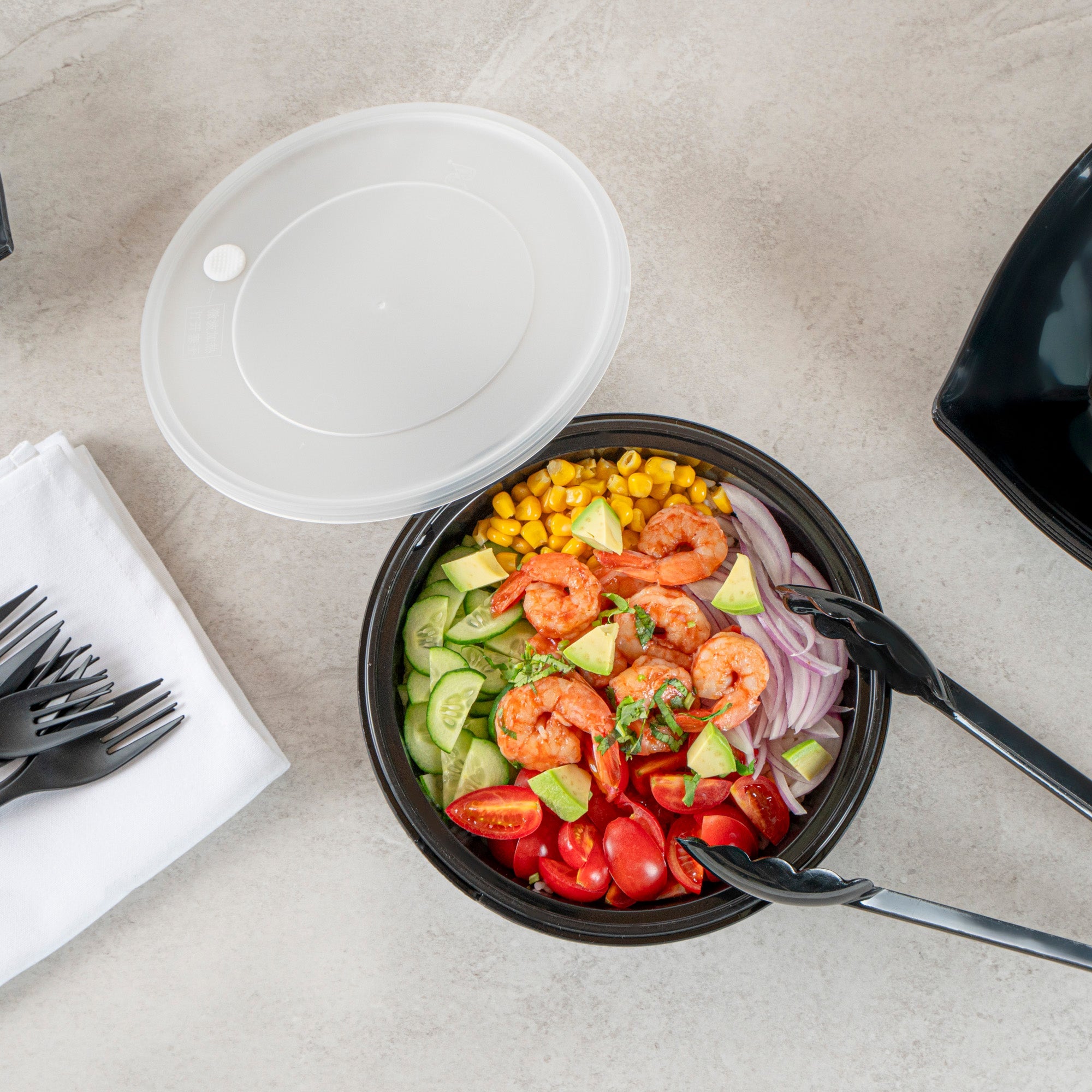 Cater Tek 59 oz Round Black Plastic Catering / Serving Bowl - with Clear Lid, Microwavable - 8" x 8" x 3 3/4" - 100 count box