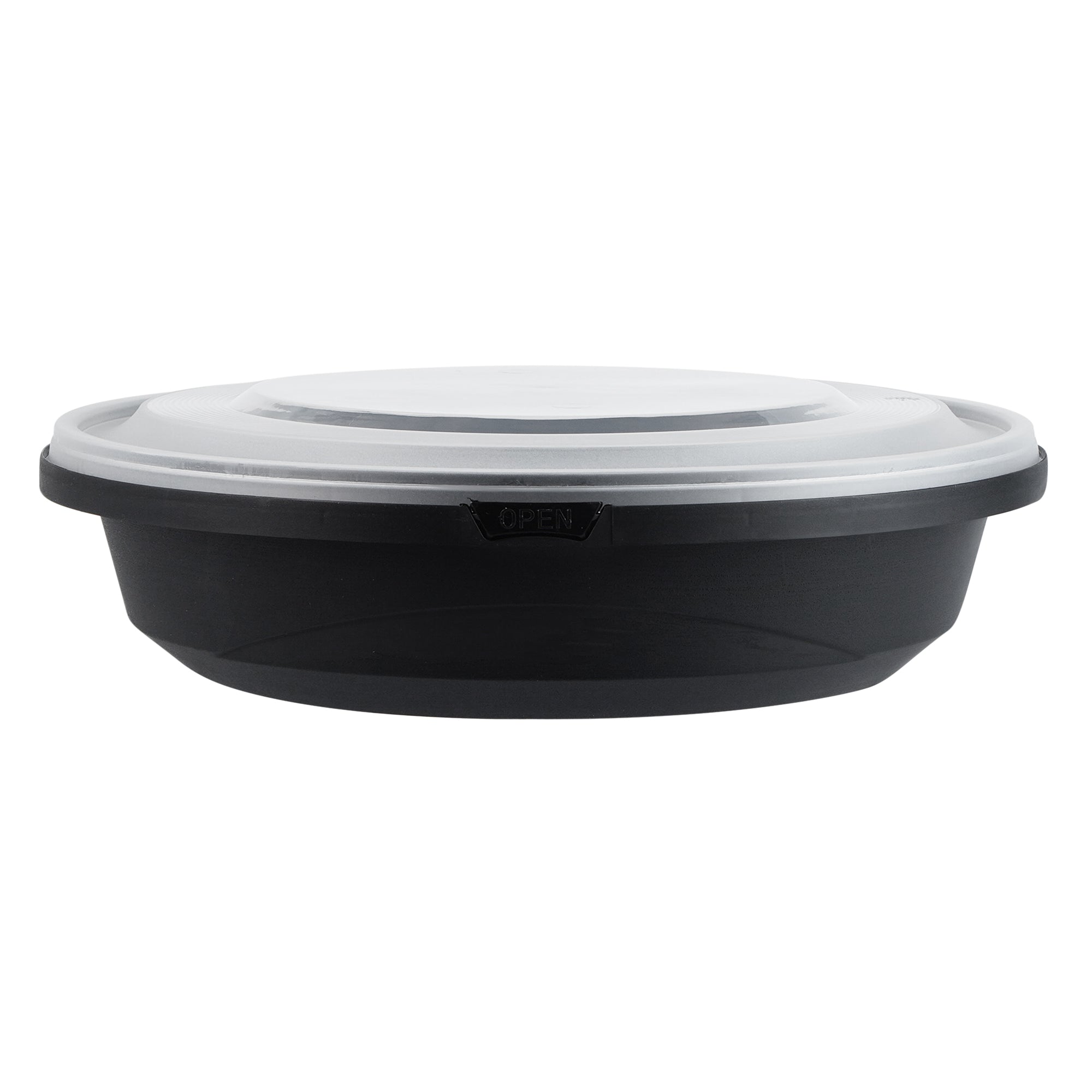 Cater Tek 51 oz Round Black Plastic Catering / Serving Bowl - with Clear Lid, Microwavable - 9 1/4" x 9 1/4" x 3" - 25 count box