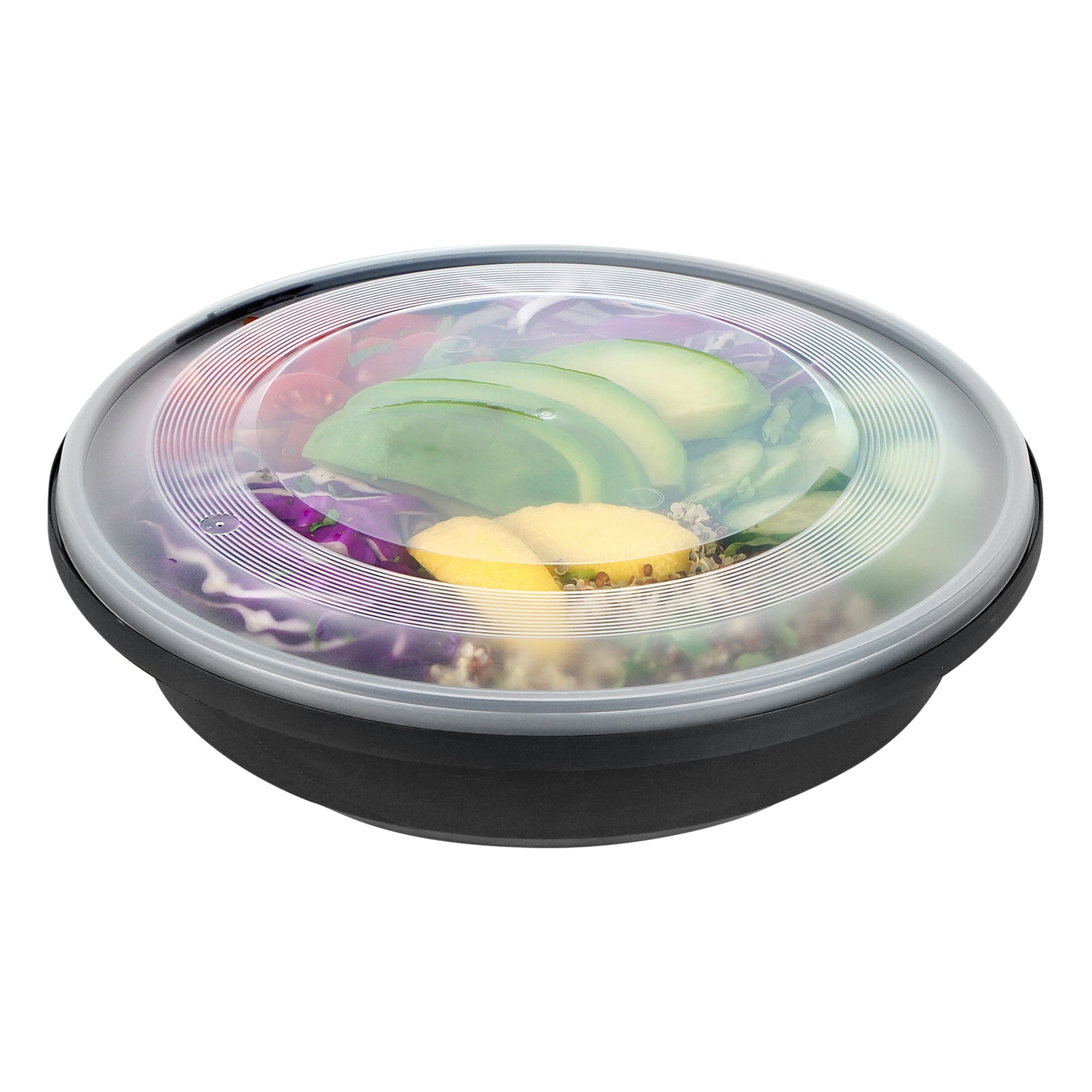Cater Tek 51 oz Round Black Plastic Catering / Serving Bowl - with Clear Lid, Microwavable - 9 1/4" x 9 1/4" x 3" - 25 count box