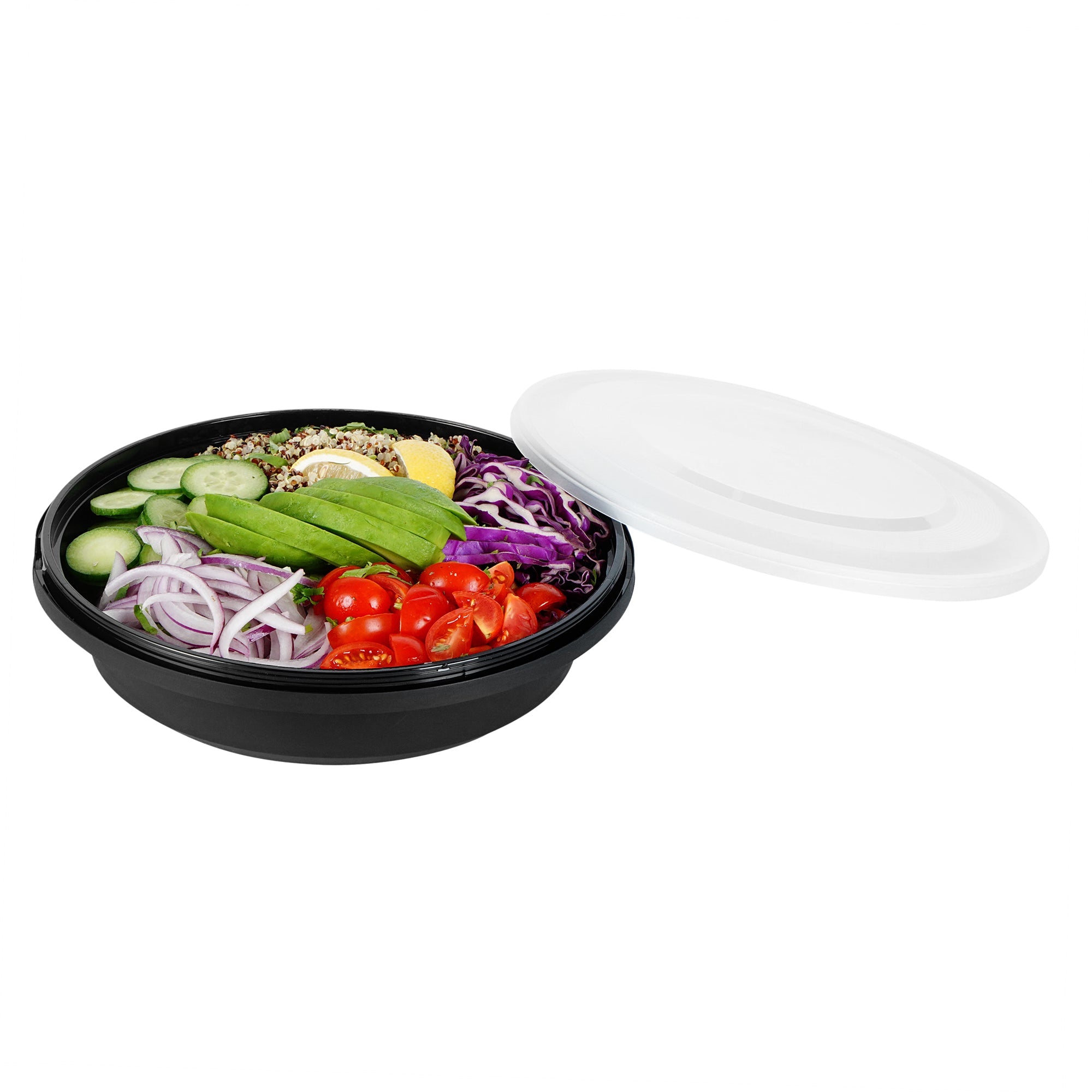 Cater Tek 51 oz Round Black Plastic Catering / Serving Bowl - with Clear Lid, Microwavable - 9 1/4" x 9 1/4" x 3" - 100 count box