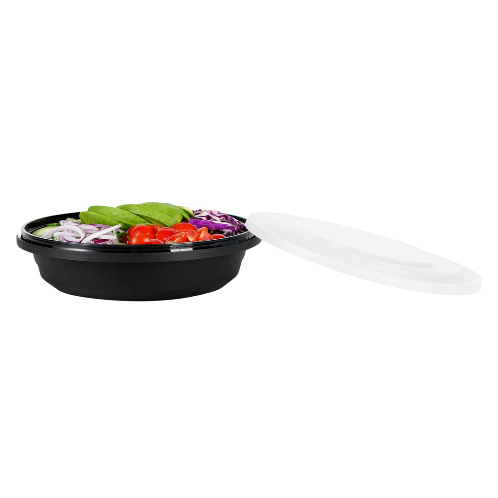 Cater Tek 51 oz Round Black Plastic Catering / Serving Bowl - with Clear Lid, Microwavable - 9 1/4" x 9 1/4" x 3" - 100 count box