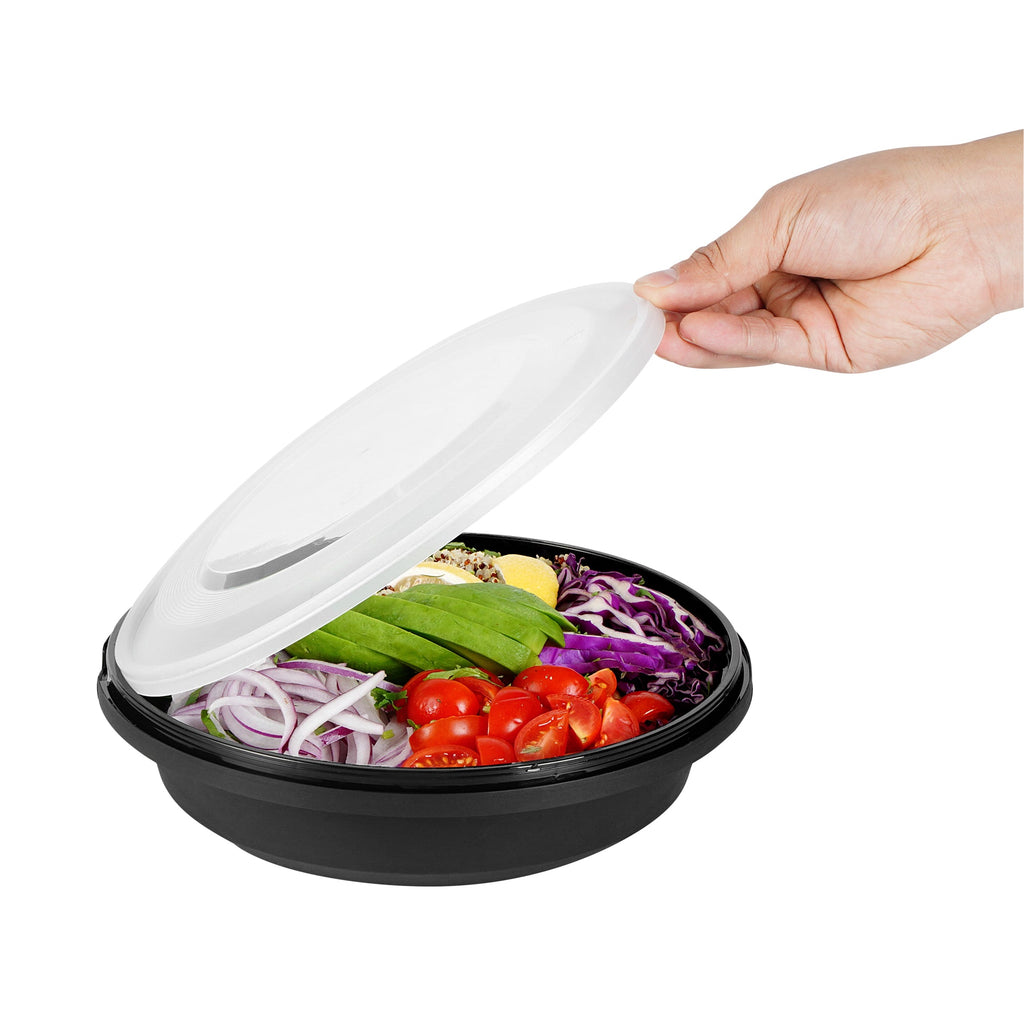 Cater Tek 51 oz Round Black Plastic Catering / Serving Bowl - with Clear Lid, Microwavable - 9 1/4" x 9 1/4" x 3" - 100 count box