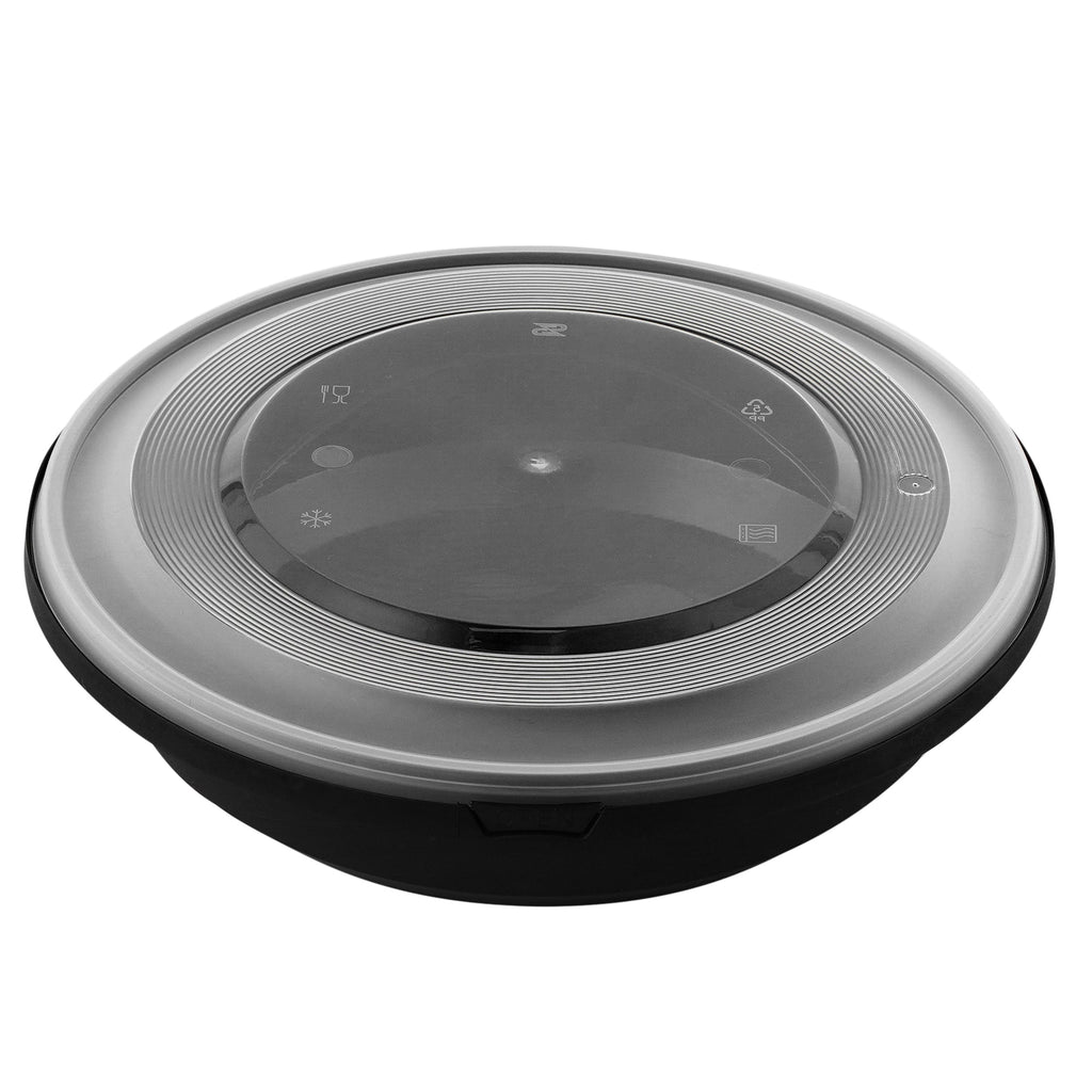 Cater Tek 58 oz Round Black Plastic Catering / Serving Bowl - with Clear Lid, Microwavable - 8" x 8" x 3 3/4" - 25 count box
