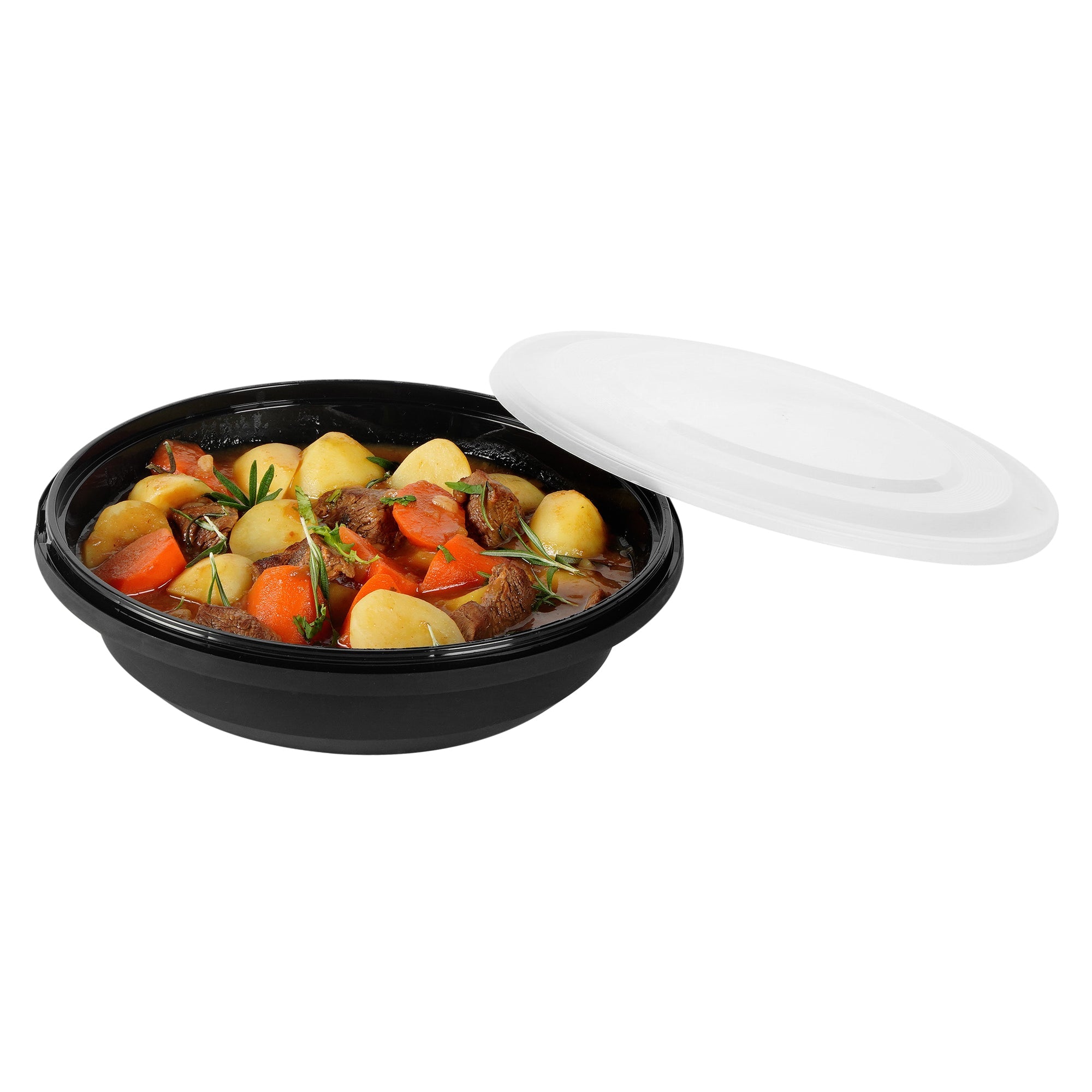 Cater Tek 58 oz Round Black Plastic Catering / Serving Bowl - with Clear Lid, Microwavable - 8" x 8" x 3 3/4" - 25 count box