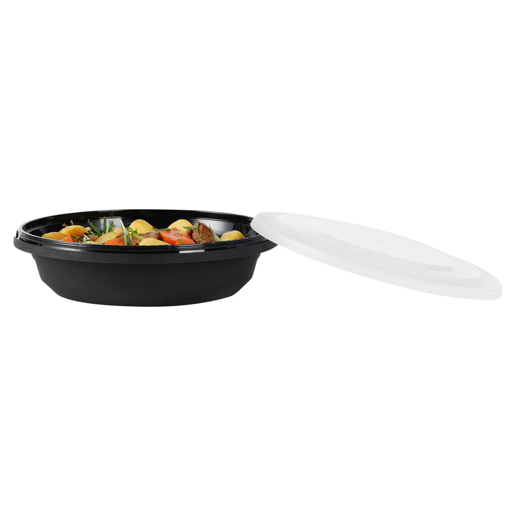 Cater Tek 58 oz Round Black Plastic Catering / Serving Bowl - with Clear Lid, Microwavable - 8" x 8" x 3 3/4" - 25 count box