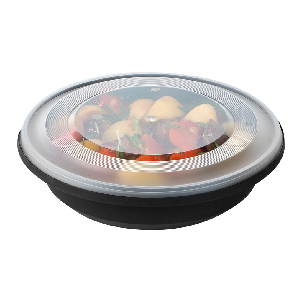 Cater Tek 58 oz Round Black Plastic Catering / Serving Bowl - with Clear Lid, Microwavable - 8" x 8" x 3 3/4" - 100 count box