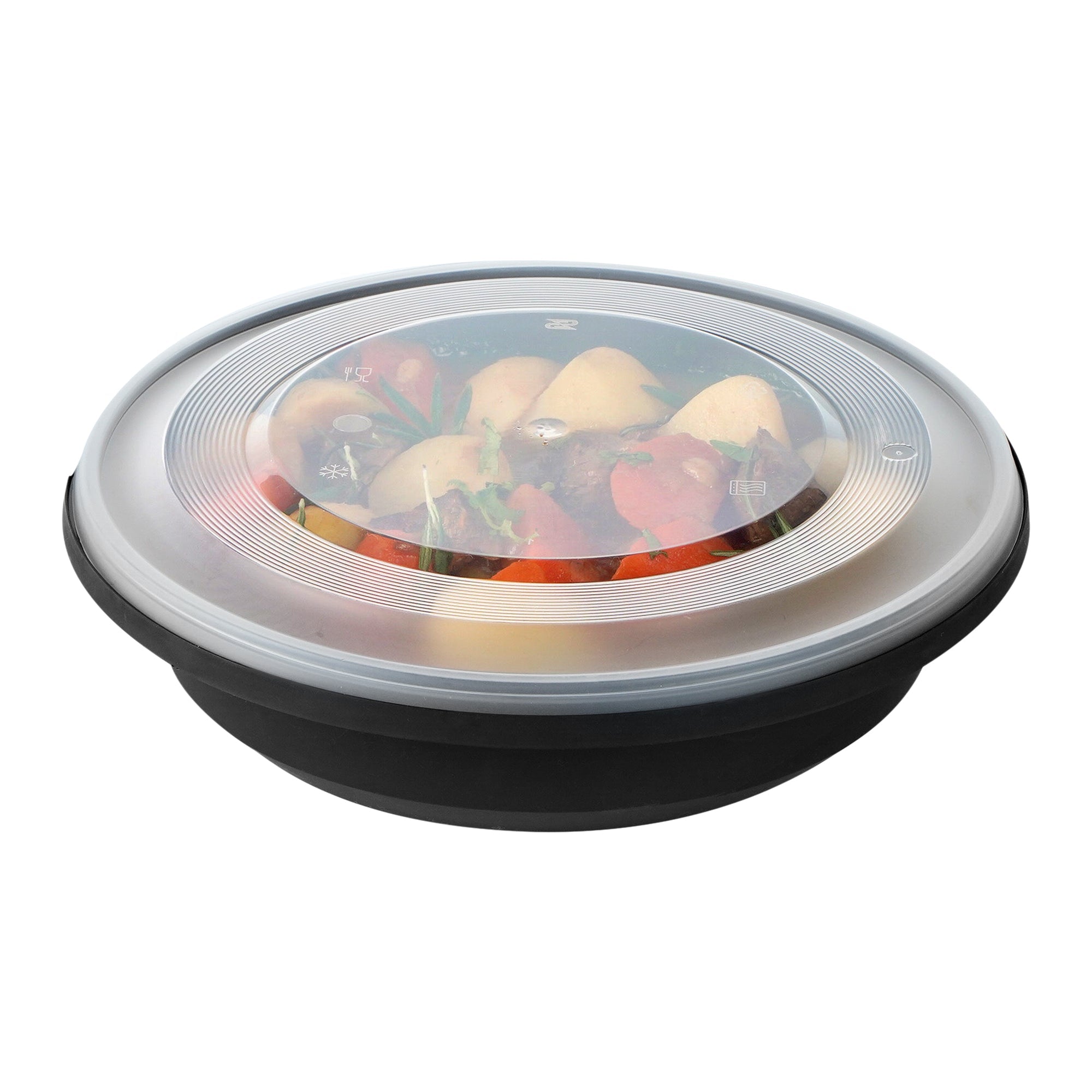 Cater Tek 58 oz Round Black Plastic Catering / Serving Bowl - with Clear Lid, Microwavable - 8" x 8" x 3 3/4" - 100 count box