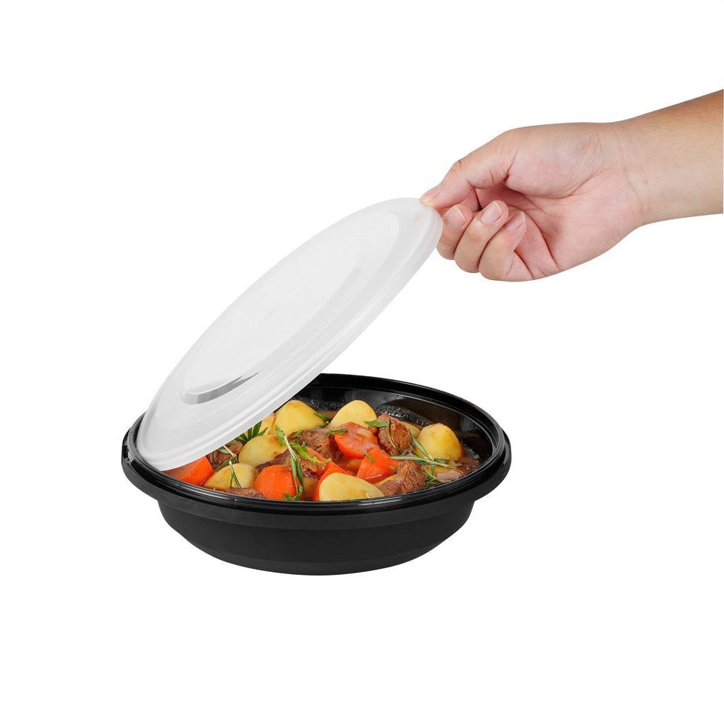 Cater Tek 58 oz Round Black Plastic Catering / Serving Bowl - with Clear Lid, Microwavable - 8" x 8" x 3 3/4" - 100 count box