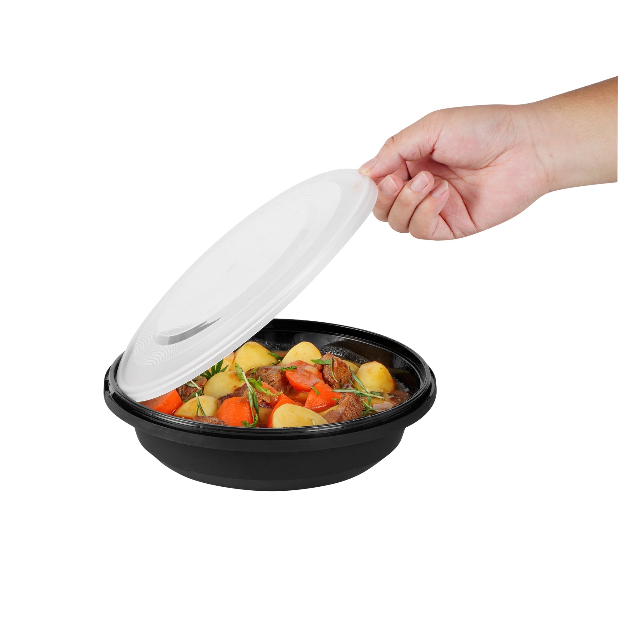 Cater Tek 58 oz Round Black Plastic Catering / Serving Bowl - with Clear Lid, Microwavable - 8" x 8" x 3 3/4" - 100 count box
