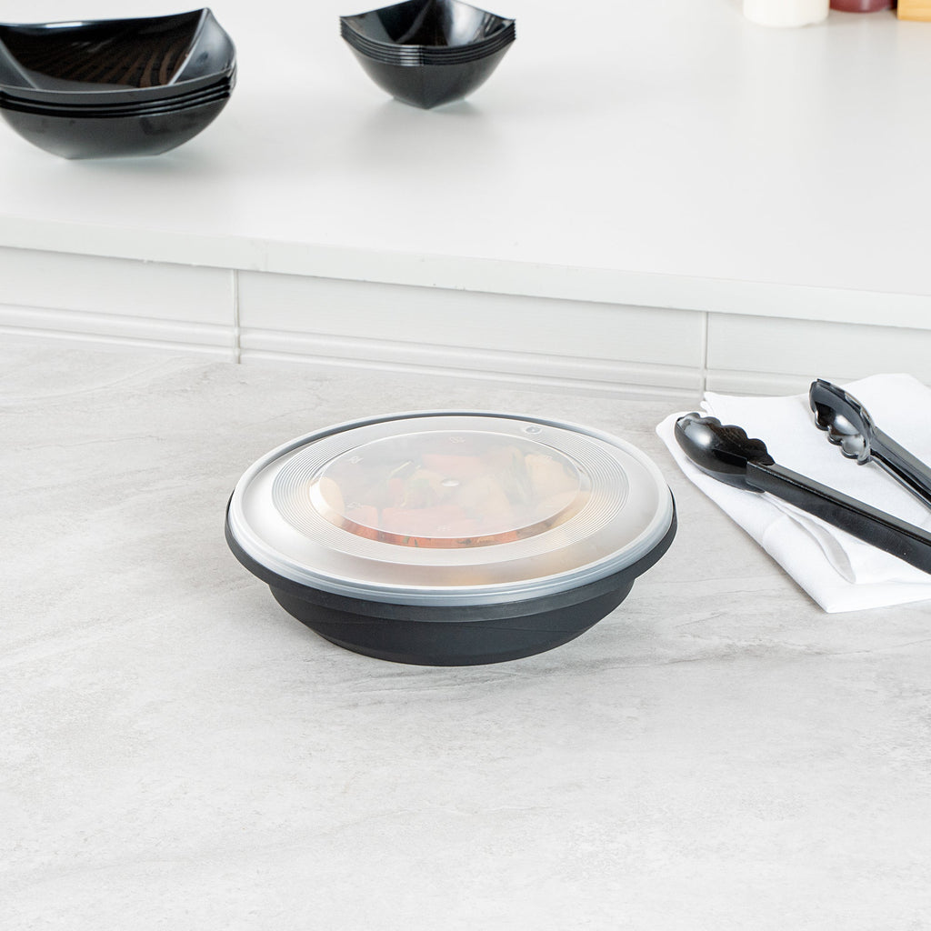 Cater Tek 58 oz Round Black Plastic Catering / Serving Bowl - with Clear Lid, Microwavable - 8" x 8" x 3 3/4" - 100 count box