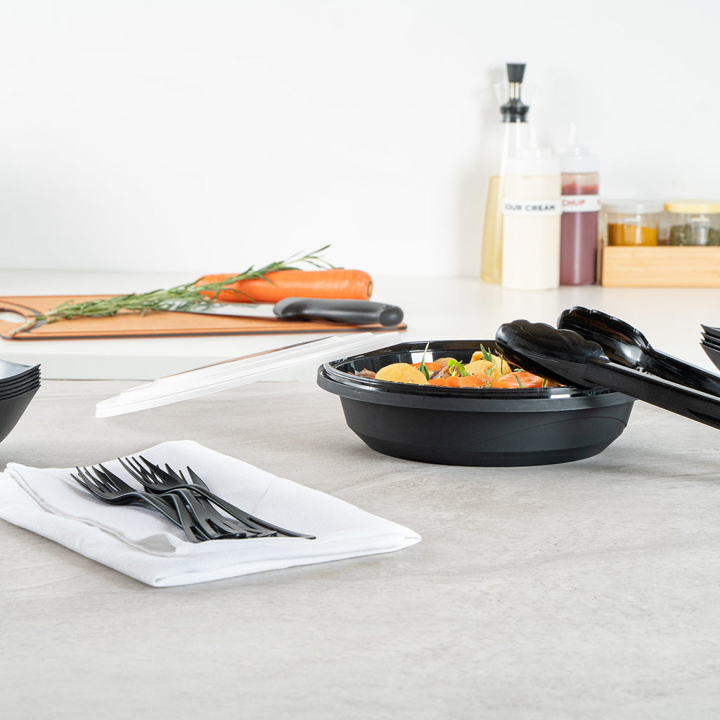 Cater Tek 58 oz Round Black Plastic Catering / Serving Bowl - with Clear Lid, Microwavable - 8" x 8" x 3 3/4" - 100 count box