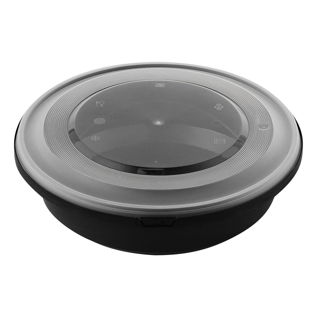 Cater Tek 68 oz Round Black Plastic Catering / Serving Bowl - with Clear Lid, Microwavable - 9 3/4" x 9 3/4" x 3" - 25 count box