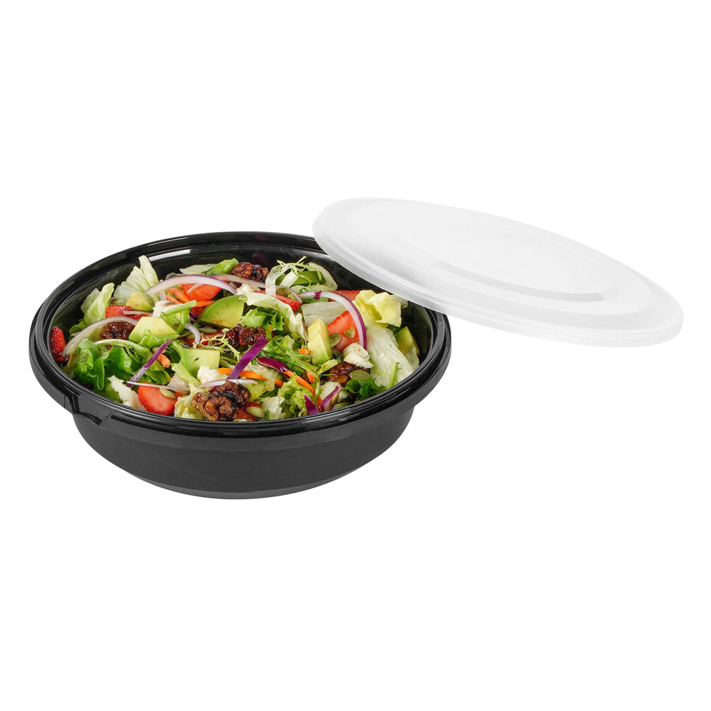 Cater Tek 68 oz Round Black Plastic Catering / Serving Bowl - with Clear Lid, Microwavable - 9 3/4" x 9 3/4" x 3" - 25 count box