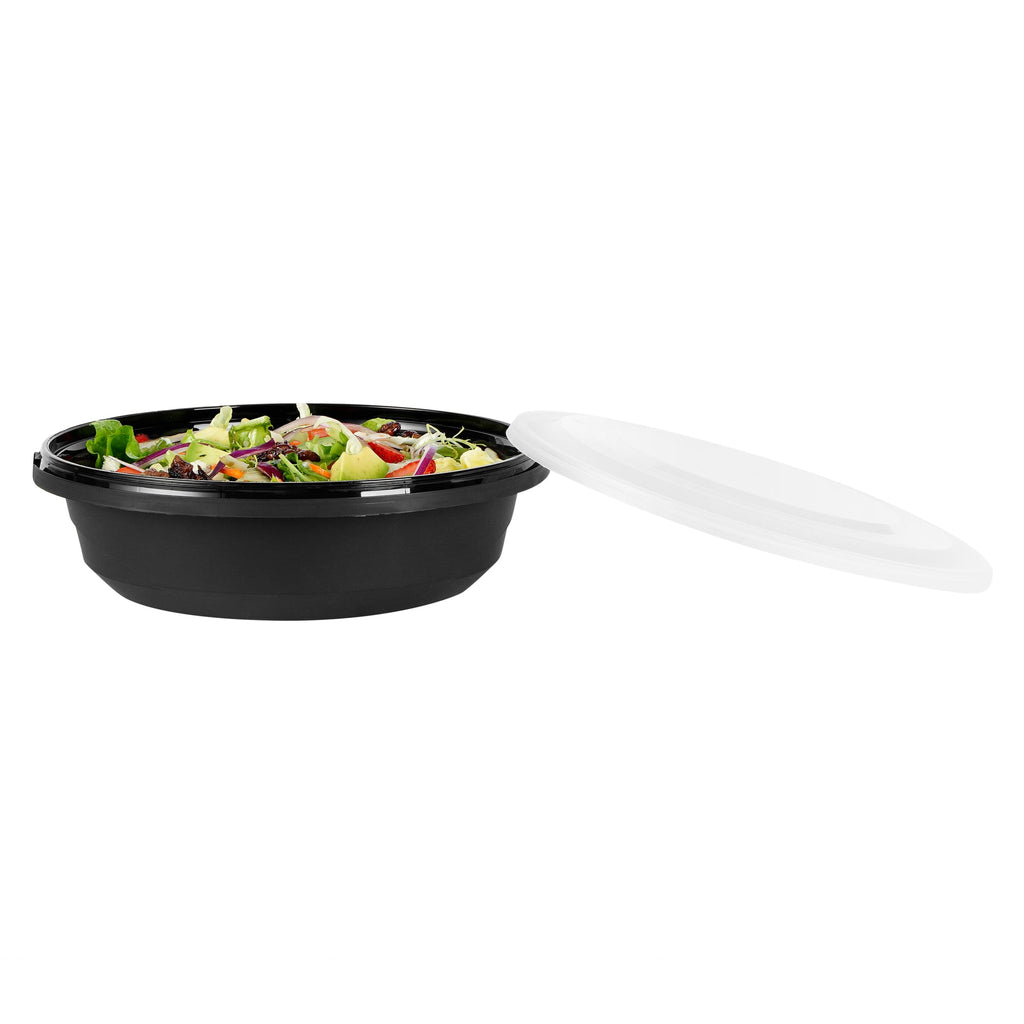 Cater Tek 68 oz Round Black Plastic Catering / Serving Bowl - with Clear Lid, Microwavable - 9 3/4" x 9 3/4" x 3" - 25 count box