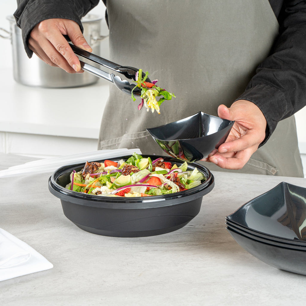 Cater Tek 68 oz Round Black Plastic Catering / Serving Bowl - with Clear Lid, Microwavable - 9 3/4" x 9 3/4" x 3" - 25 count box