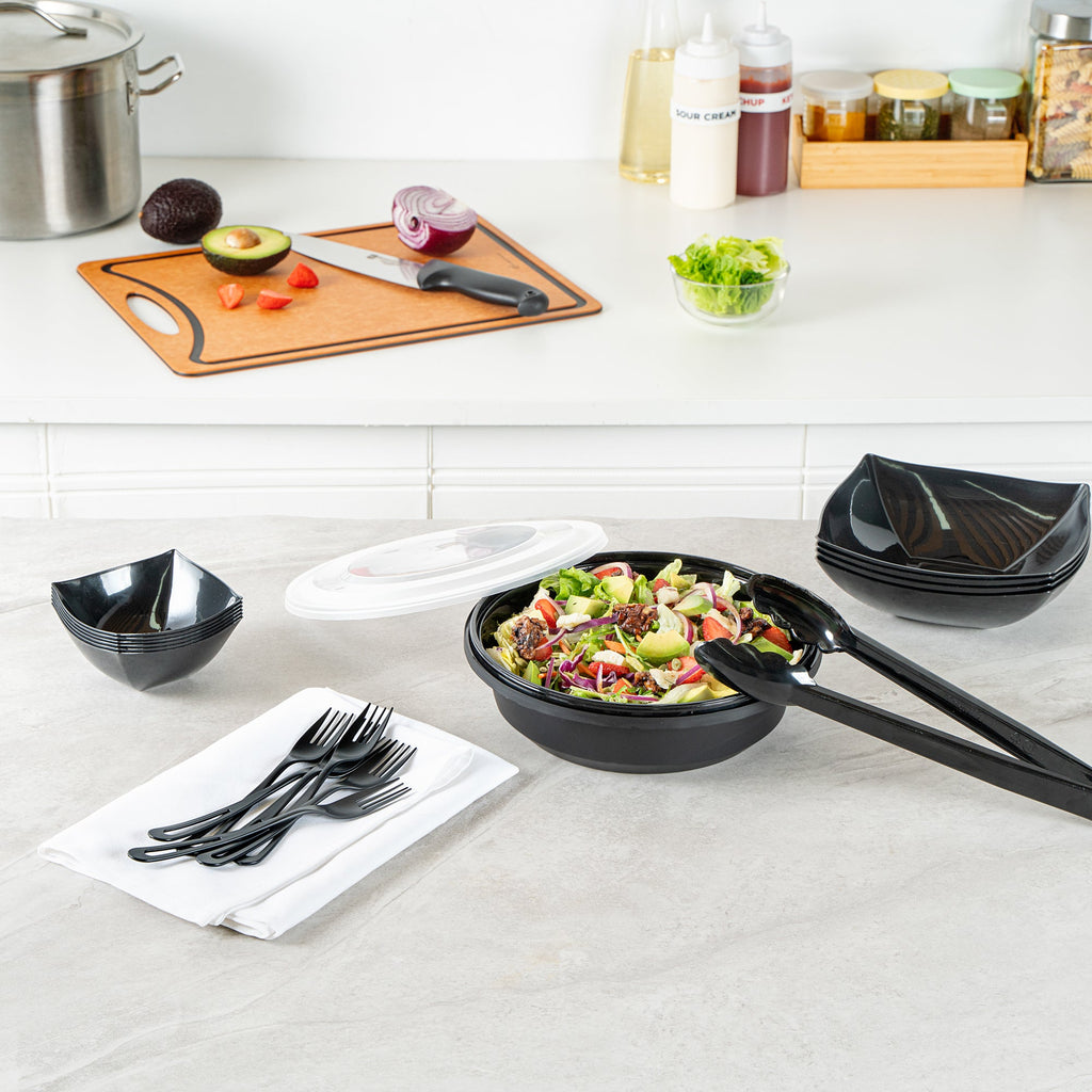 Cater Tek 68 oz Round Black Plastic Catering / Serving Bowl - with Clear Lid, Microwavable - 9 3/4" x 9 3/4" x 3" - 100 count box