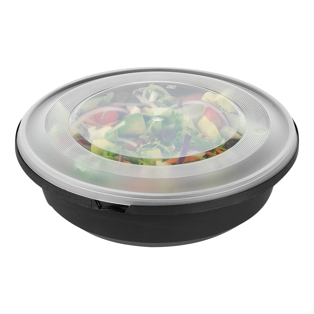 Cater Tek 68 oz Round Black Plastic Catering / Serving Bowl - with Clear Lid, Microwavable - 9 3/4" x 9 3/4" x 3" - 100 count box