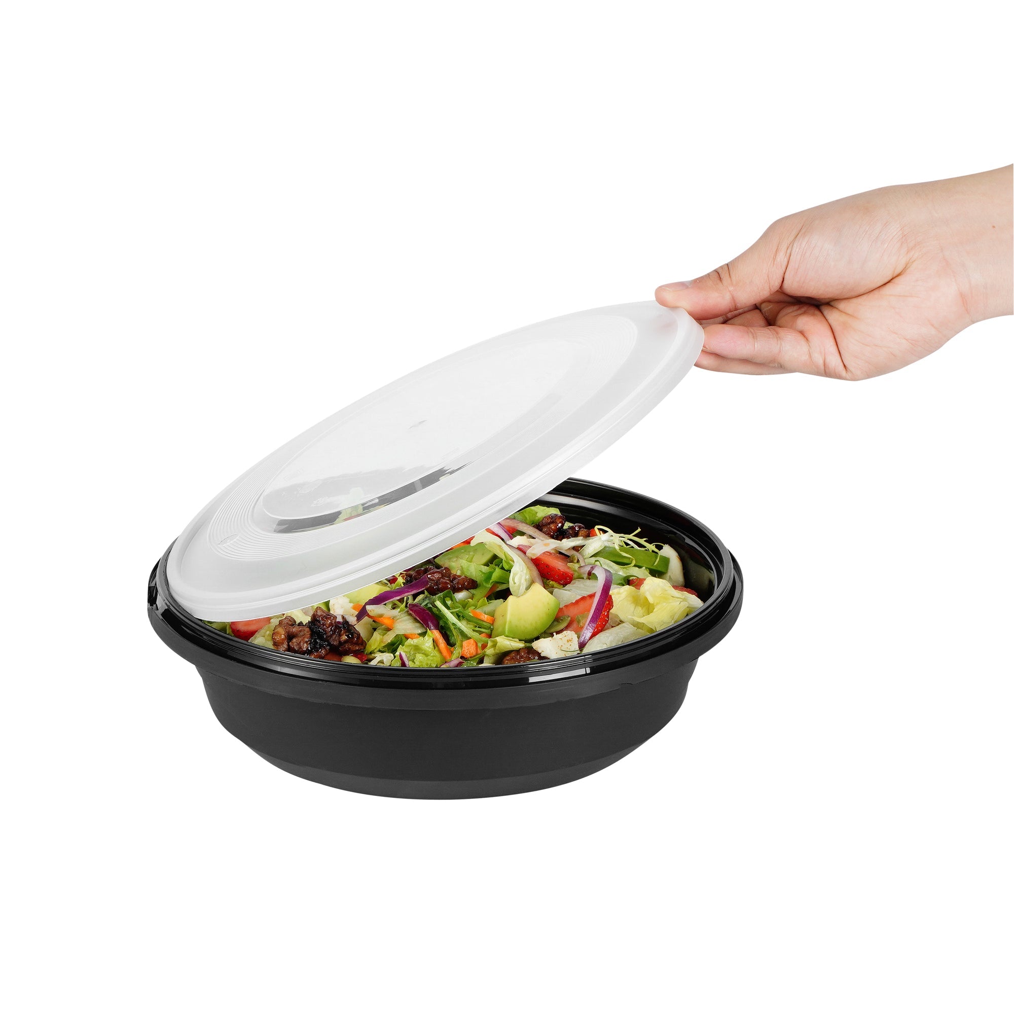 Cater Tek 68 oz Round Black Plastic Catering / Serving Bowl - with Clear Lid, Microwavable - 9 3/4" x 9 3/4" x 3" - 100 count box