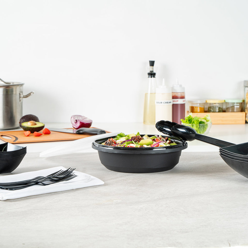 Cater Tek 68 oz Round Black Plastic Catering / Serving Bowl - with Clear Lid, Microwavable - 9 3/4" x 9 3/4" x 3" - 100 count box