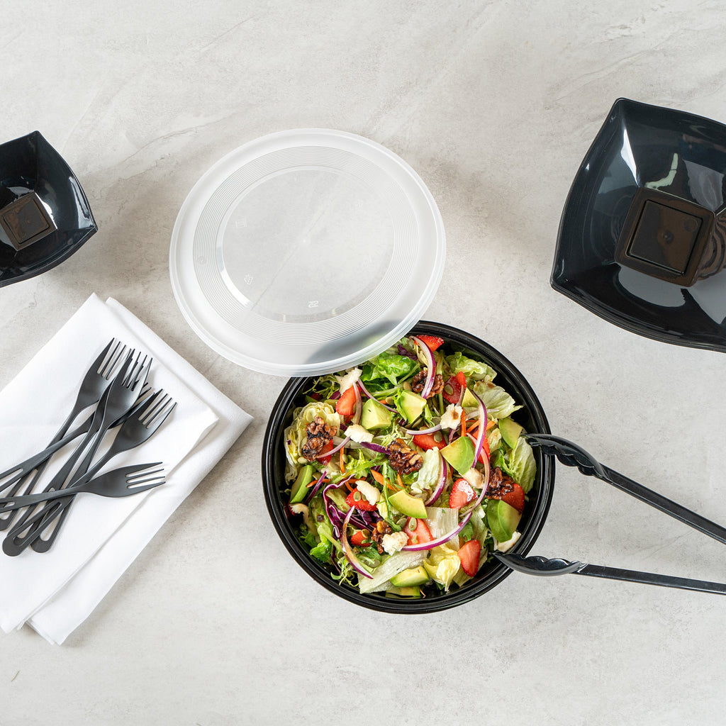 Cater Tek 68 oz Round Black Plastic Catering / Serving Bowl - with Clear Lid, Microwavable - 9 3/4" x 9 3/4" x 3" - 100 count box
