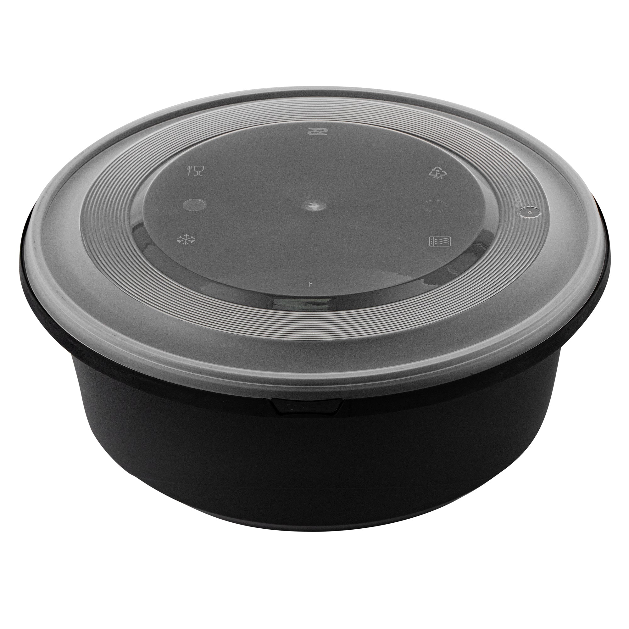 Cater Tek 101 oz Round Black Plastic Catering / Serving Bowl - with Clear Lid, Microwavable - 9 3/4" x 9 3/4" x 4" - 25 count box