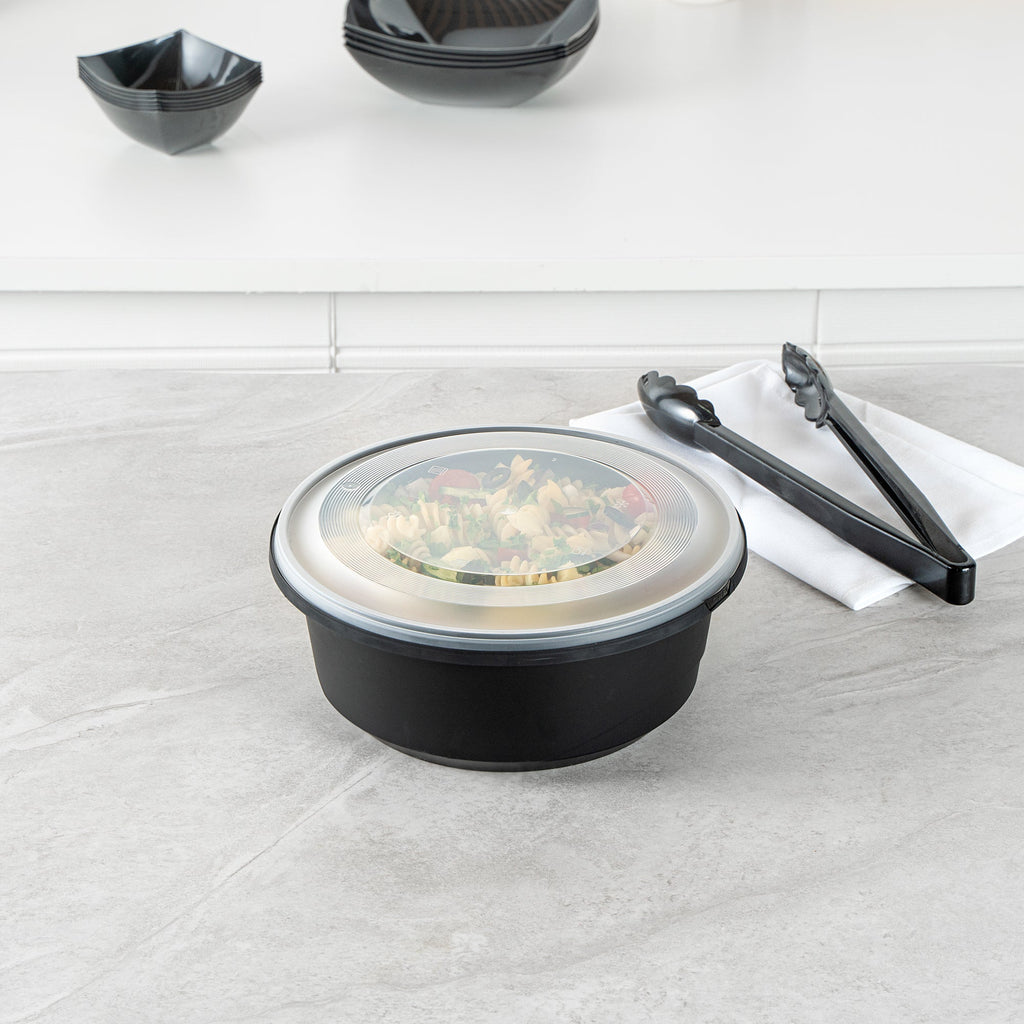 Cater Tek 101 oz Round Black Plastic Catering / Serving Bowl - with Clear Lid, Microwavable - 9 3/4" x 9 3/4" x 4" - 25 count box