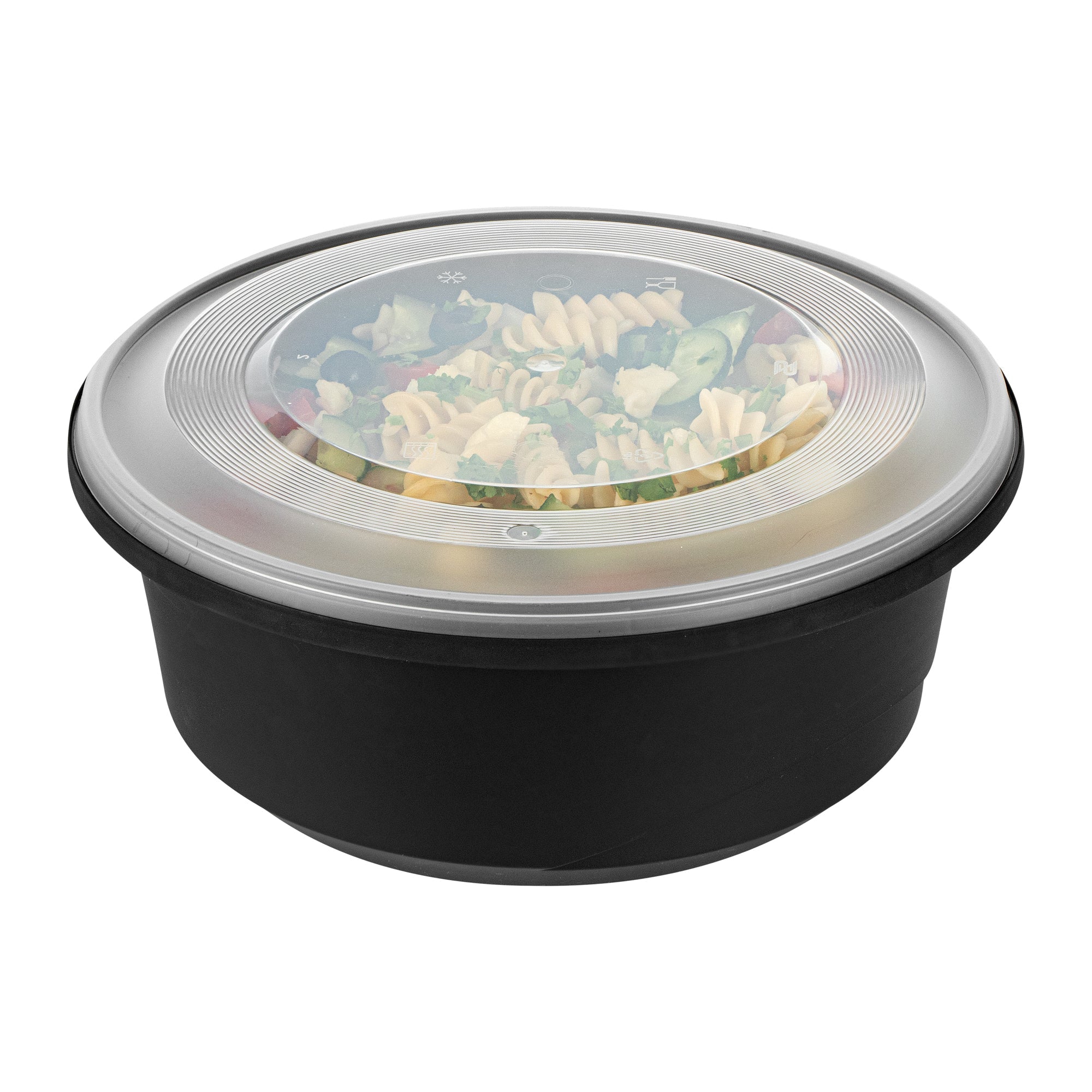Cater Tek 101 oz Round Black Plastic Catering / Serving Bowl - with Clear Lid, Microwavable - 9 3/4" x 9 3/4" x 4" - 25 count box