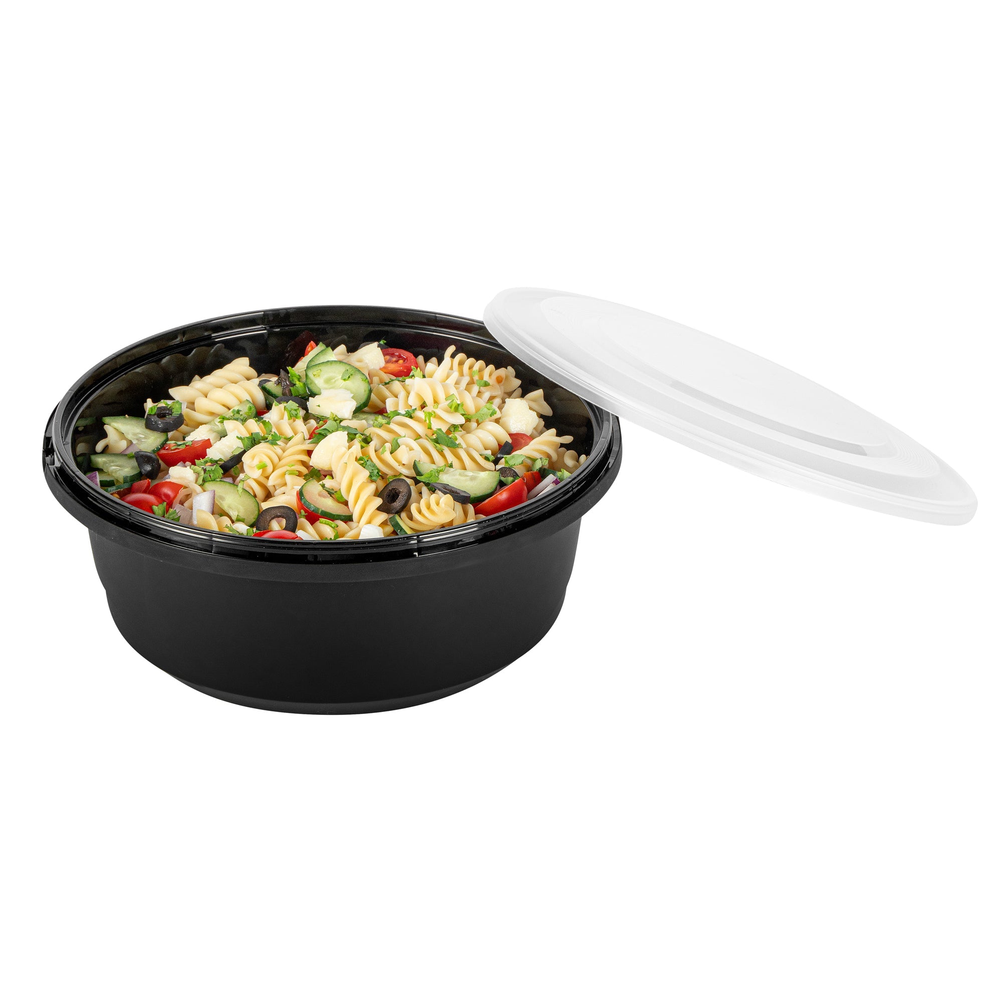 Cater Tek 101 oz Round Black Plastic Catering / Serving Bowl - with Clear Lid, Microwavable - 9 3/4" x 9 3/4" x 4" - 100 count box