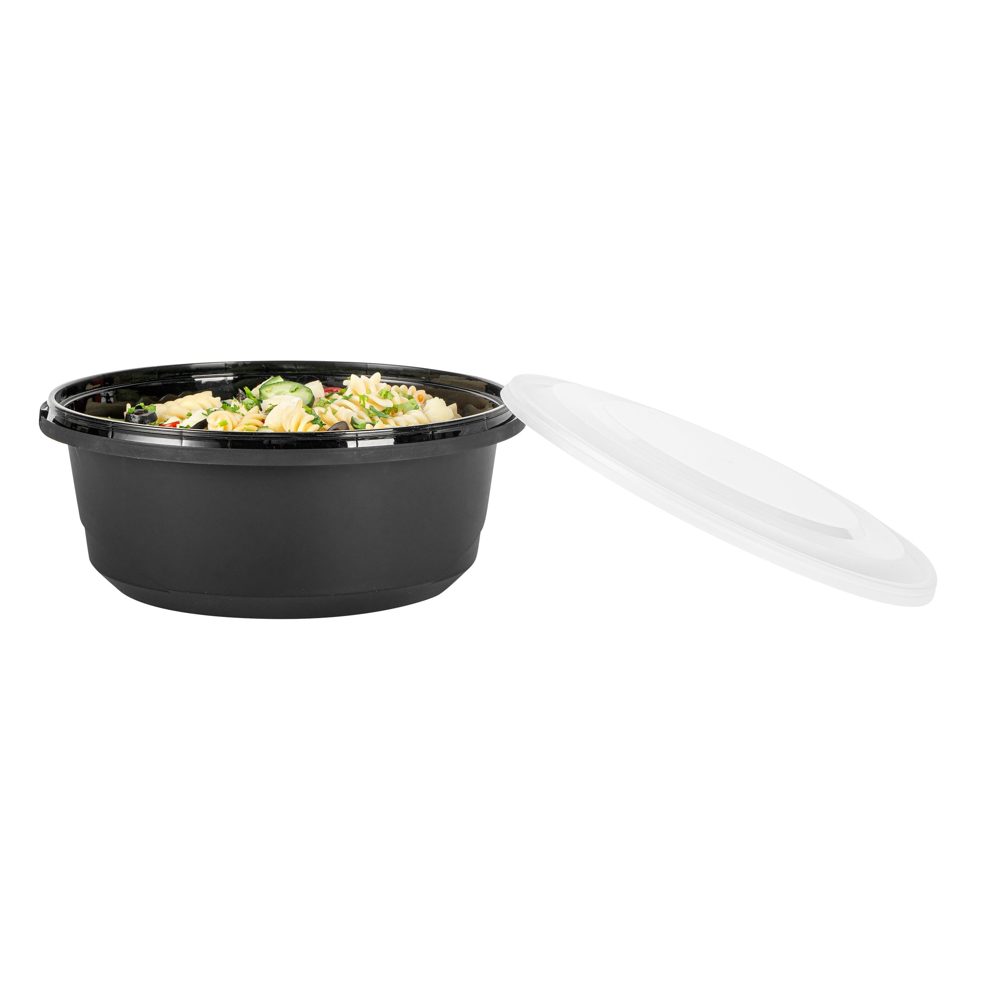 Cater Tek 101 oz Round Black Plastic Catering / Serving Bowl - with Clear Lid, Microwavable - 9 3/4" x 9 3/4" x 4" - 100 count box