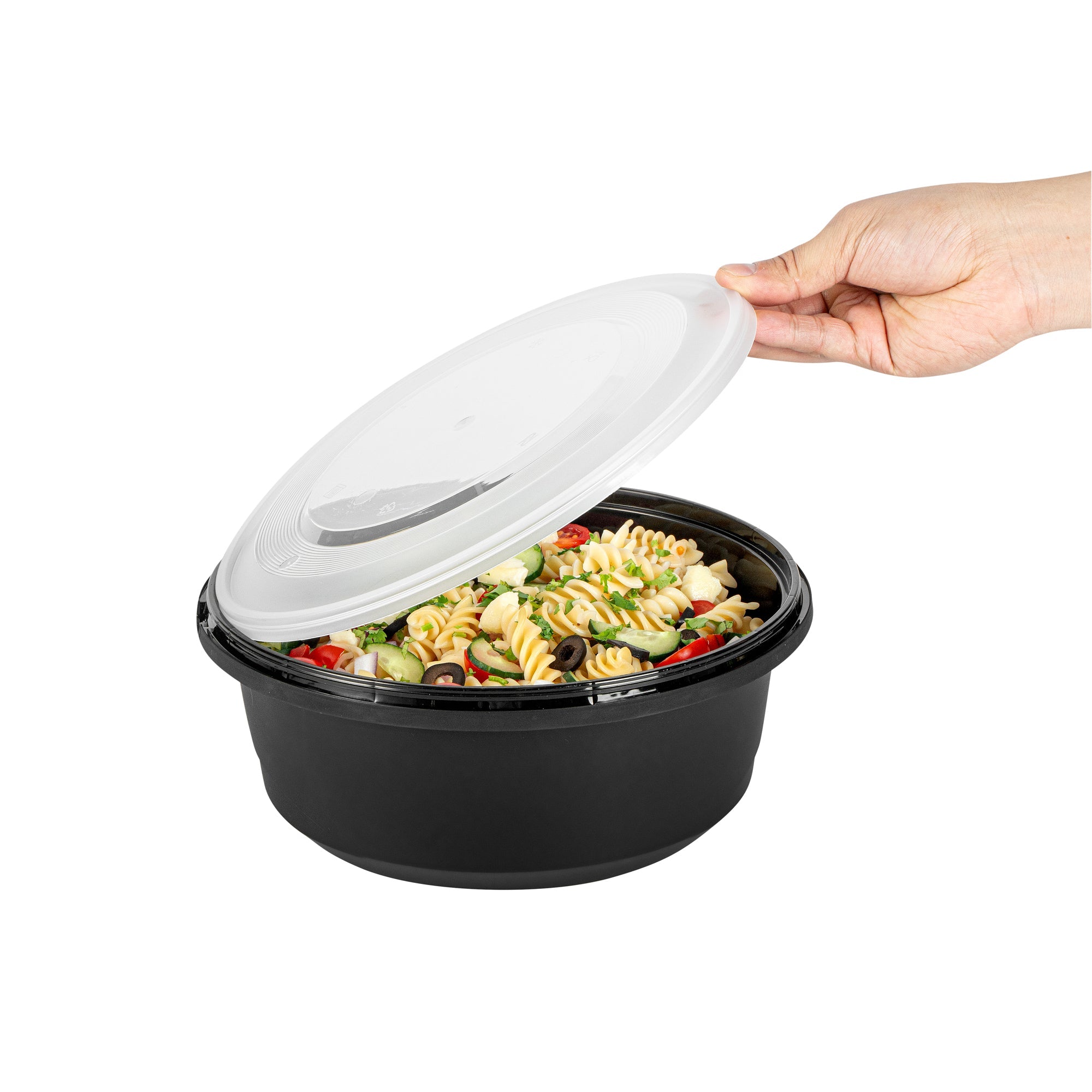 Cater Tek 101 oz Round Black Plastic Catering / Serving Bowl - with Clear Lid, Microwavable - 9 3/4" x 9 3/4" x 4" - 100 count box