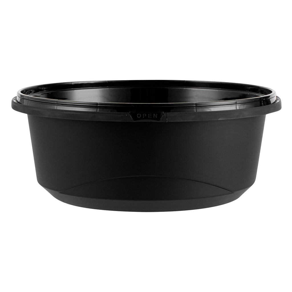Cater Tek 101 oz Round Black Plastic Catering / Serving Bowl - with Clear Lid, Microwavable - 9 3/4" x 9 3/4" x 4" - 100 count box