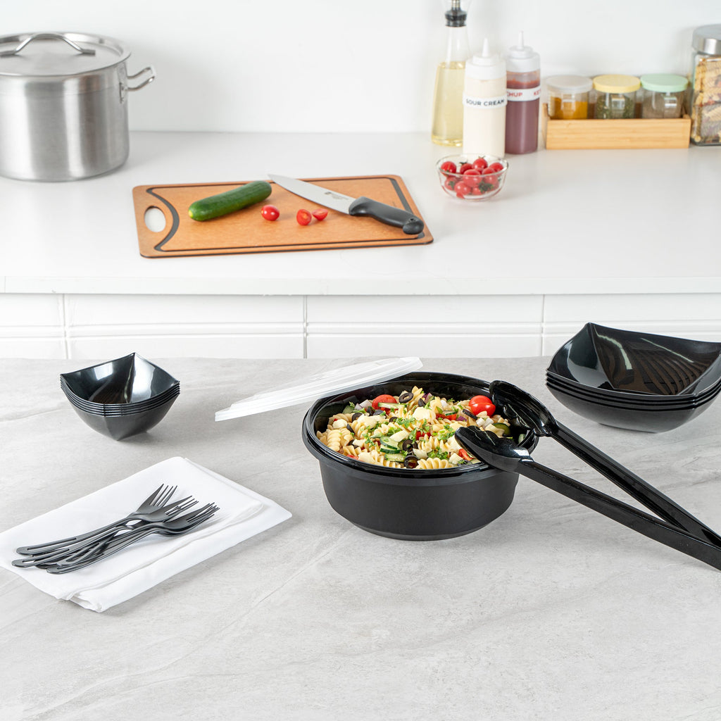 Cater Tek 101 oz Round Black Plastic Catering / Serving Bowl - with Clear Lid, Microwavable - 9 3/4" x 9 3/4" x 4" - 100 count box