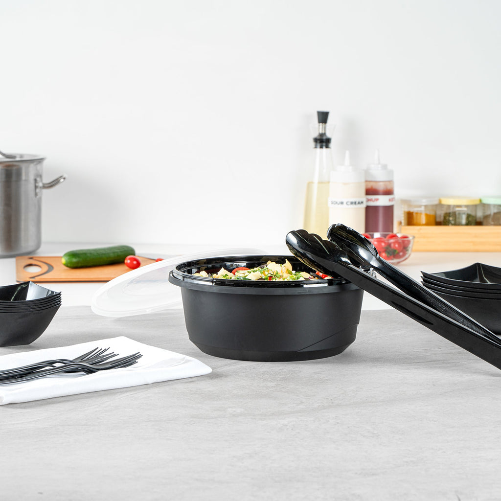 Cater Tek 101 oz Round Black Plastic Catering / Serving Bowl - with Clear Lid, Microwavable - 9 3/4" x 9 3/4" x 4" - 100 count box