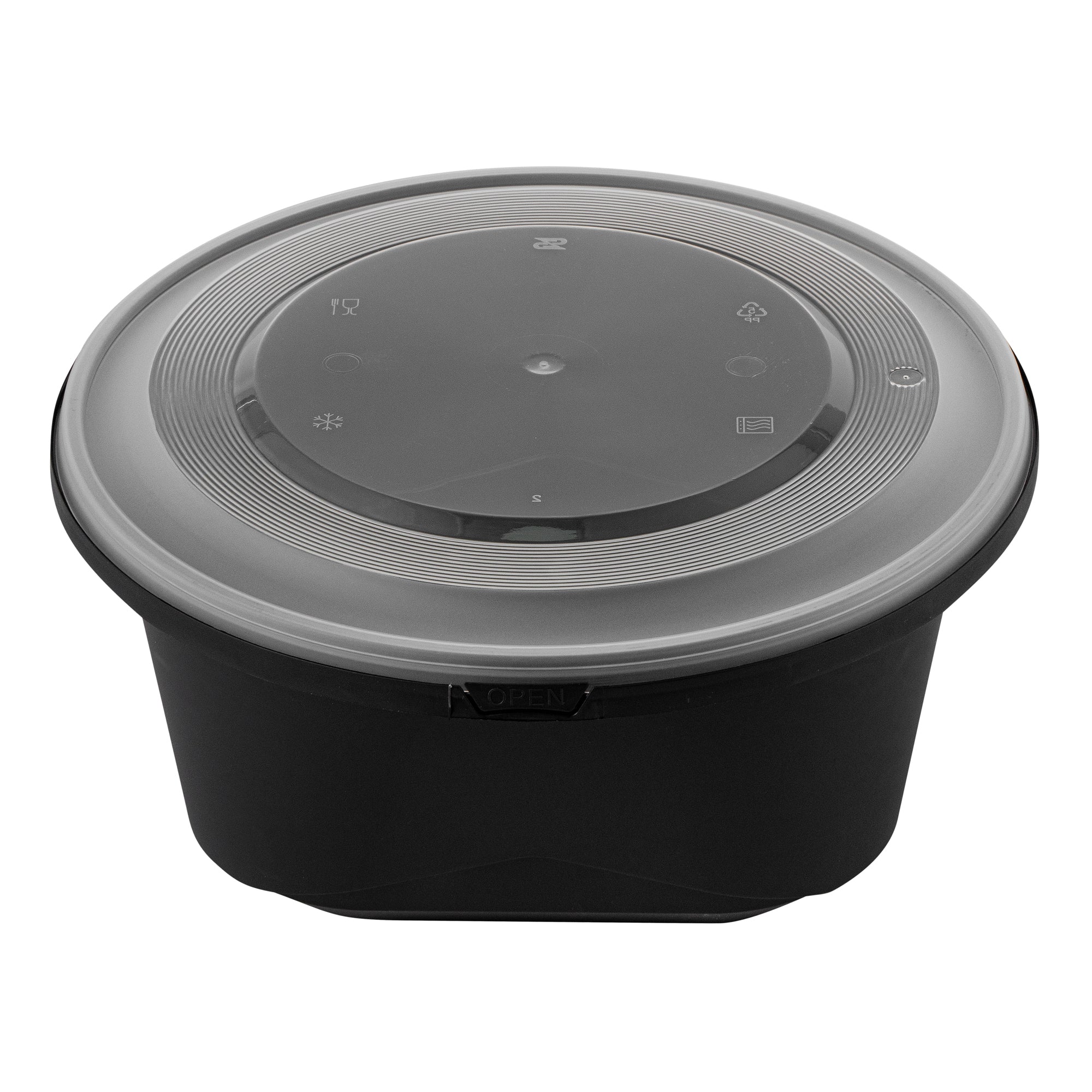 Cater Tek 118 oz Round Black Plastic Catering / Serving Bowl - with Clear Lid, Microwavable - 9 3/4" x 9 3/4" x 4 3/4" - 25 count box