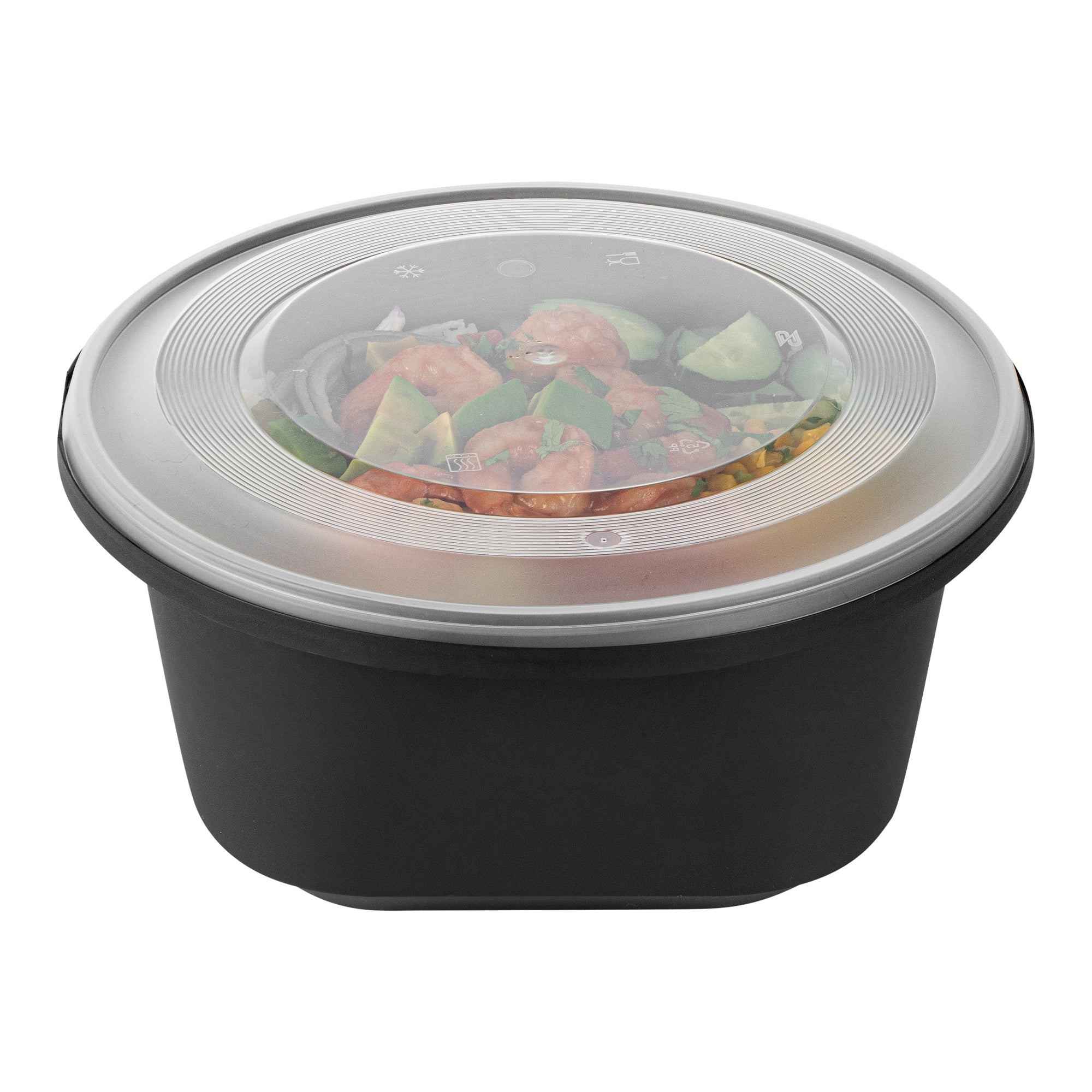 Cater Tek 118 oz Round Black Plastic Catering / Serving Bowl - with Clear Lid, Microwavable - 9 3/4" x 9 3/4" x 4 3/4" - 25 count box