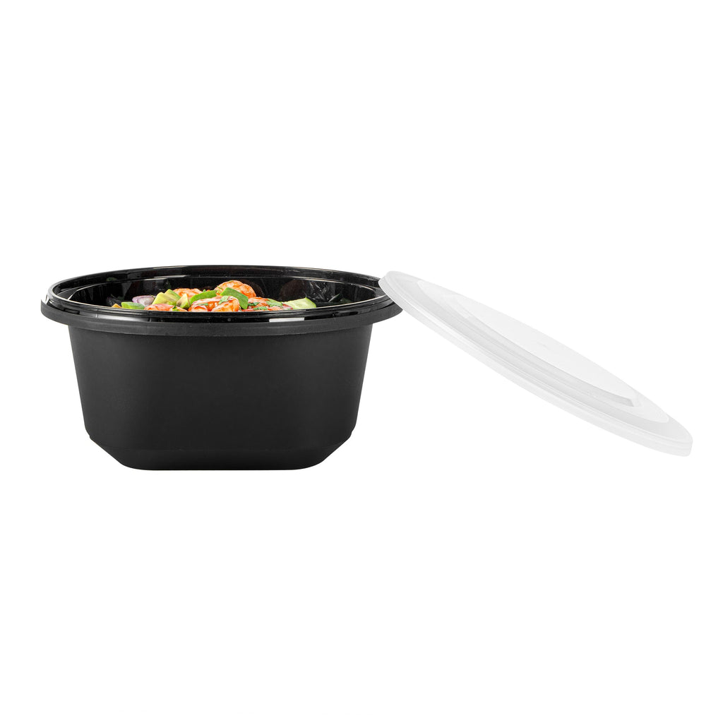 Cater Tek 118 oz Round Black Plastic Catering / Serving Bowl - with Clear Lid, Microwavable - 9 3/4" x 9 3/4" x 4 3/4" - 25 count box