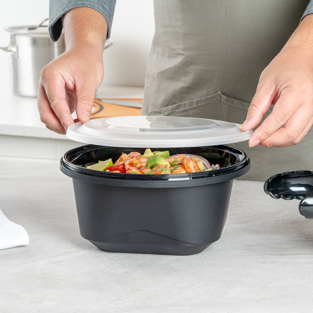 Cater Tek 118 oz Round Black Plastic Catering / Serving Bowl - with Clear Lid, Microwavable - 9 3/4" x 9 3/4" x 4 3/4" - 25 count box