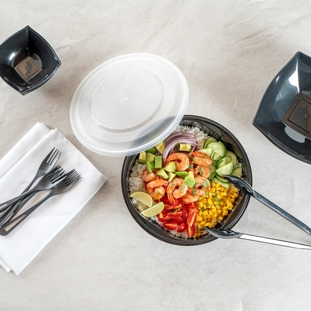 Cater Tek 118 oz Round Black Plastic Catering / Serving Bowl - with Clear Lid, Microwavable - 9 3/4" x 9 3/4" x 4 3/4" - 25 count box