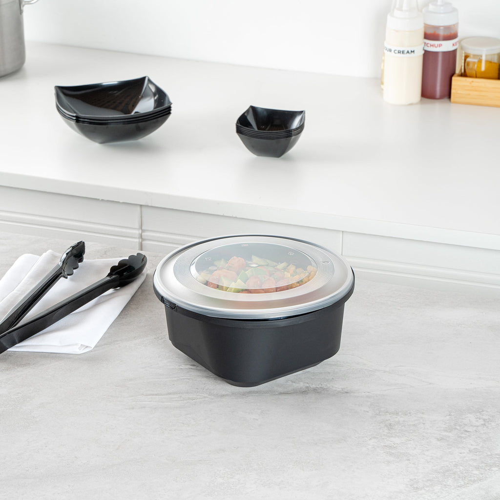 Cater Tek 118 oz Round Black Plastic Catering / Serving Bowl - with Clear Lid, Microwavable - 9 3/4" x 9 3/4" x 4 3/4" - 100 count box
