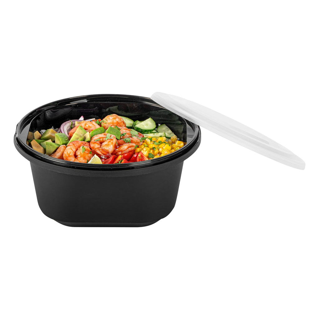 Cater Tek 118 oz Round Black Plastic Catering / Serving Bowl - with Clear Lid, Microwavable - 9 3/4" x 9 3/4" x 4 3/4" - 100 count box