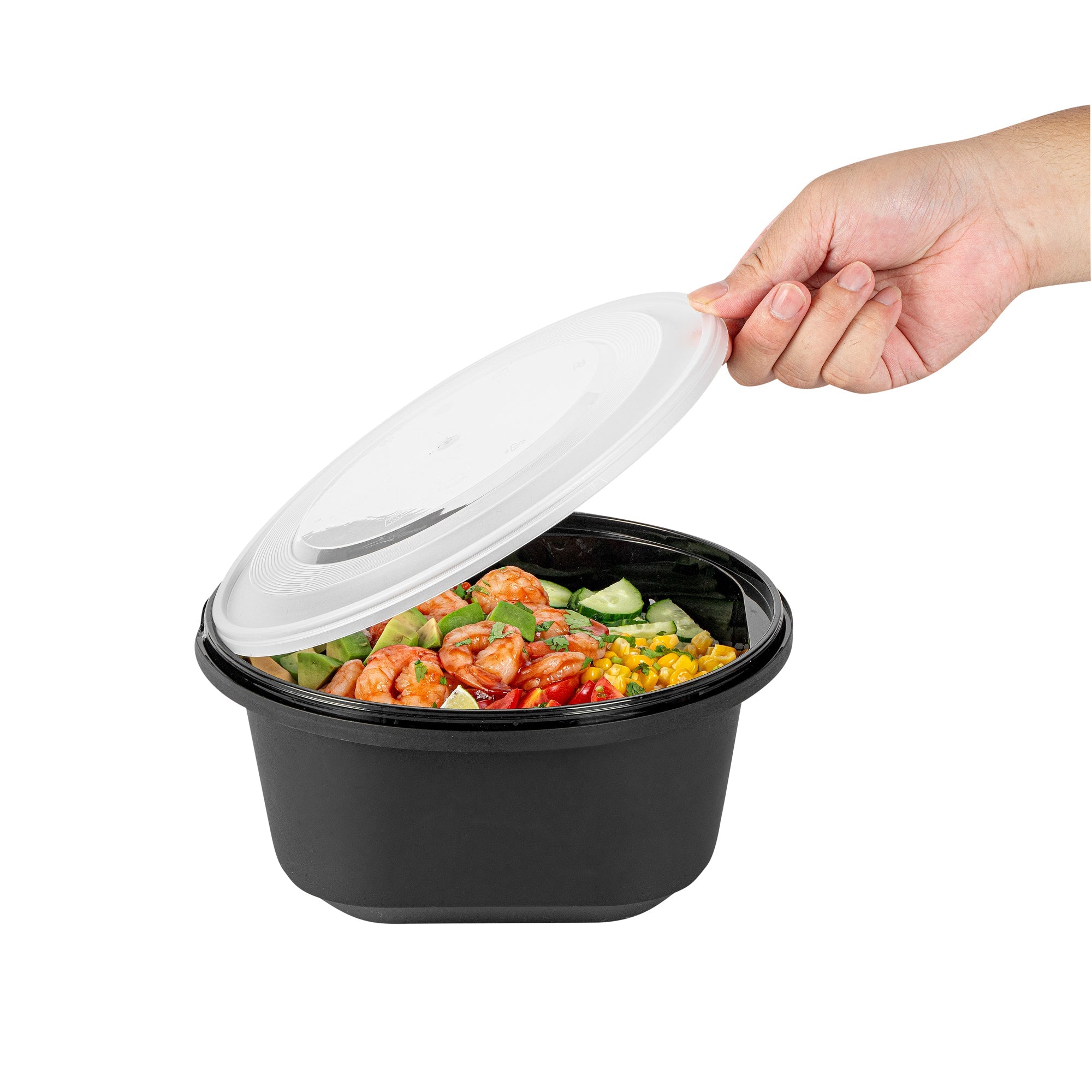 Cater Tek 118 oz Round Black Plastic Catering / Serving Bowl - with Clear Lid, Microwavable - 9 3/4" x 9 3/4" x 4 3/4" - 100 count box