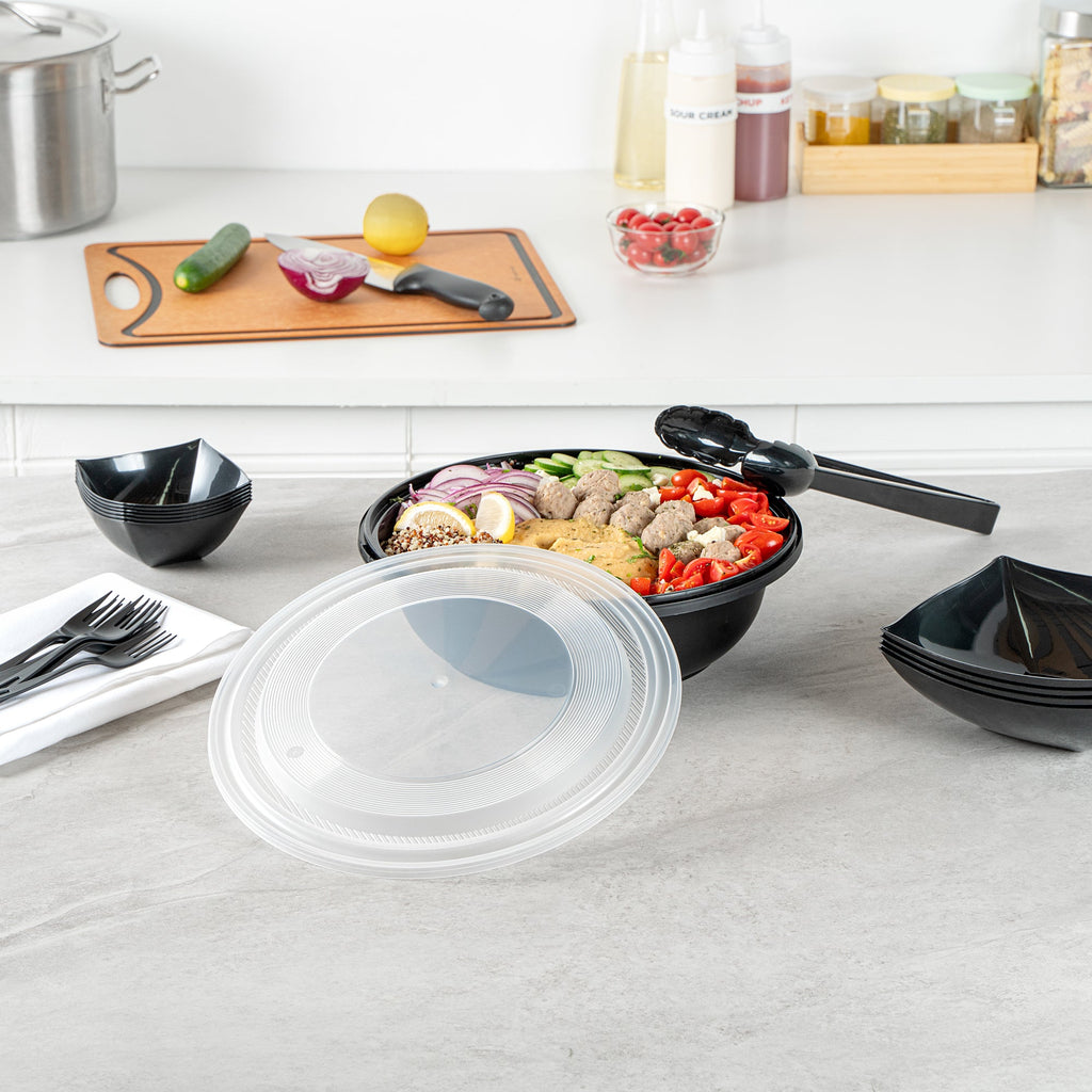 Cater Tek 142 oz Round Black Plastic Catering / Serving Bowl - with Clear Lid, Microwavable - 11 3/4" x 11 3/4" x 4" - 25 count box