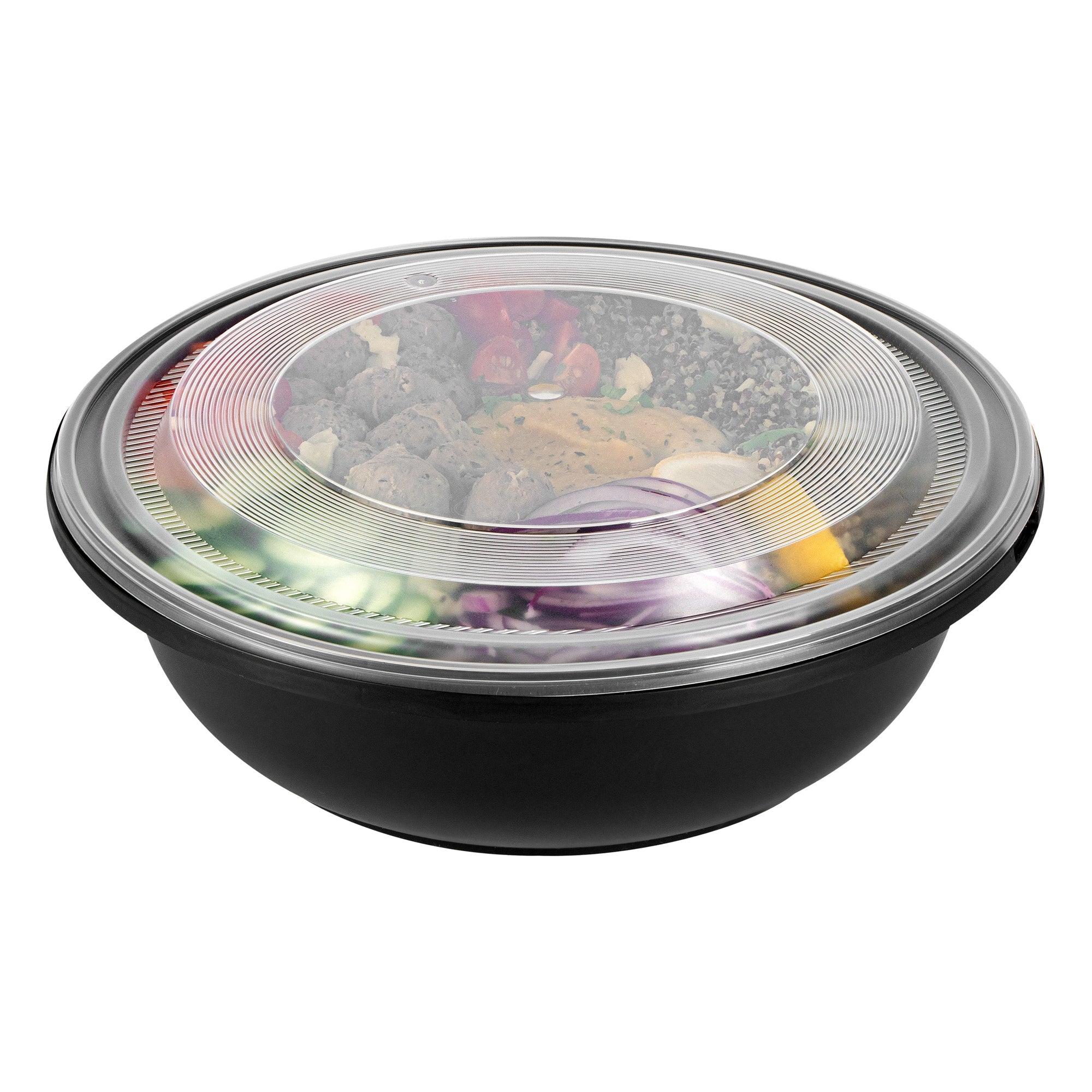 Cater Tek 142 oz Round Black Plastic Catering / Serving Bowl - with Clear Lid, Microwavable - 11 3/4" x 11 3/4" x 4" - 25 count box