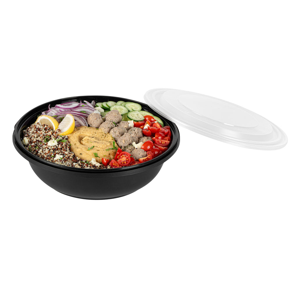 Cater Tek 142 oz Round Black Plastic Catering / Serving Bowl - with Clear Lid, Microwavable - 11 3/4" x 11 3/4" x 4" - 25 count box