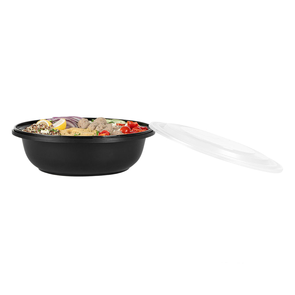 Cater Tek 142 oz Round Black Plastic Catering / Serving Bowl - with Clear Lid, Microwavable - 11 3/4" x 11 3/4" x 4" - 25 count box