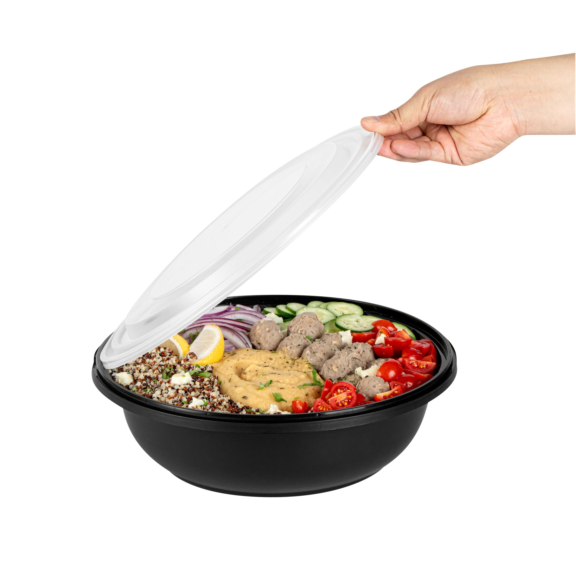 Cater Tek 142 oz Round Black Plastic Catering / Serving Bowl - with Clear Lid, Microwavable - 11 3/4" x 11 3/4" x 4" - 25 count box
