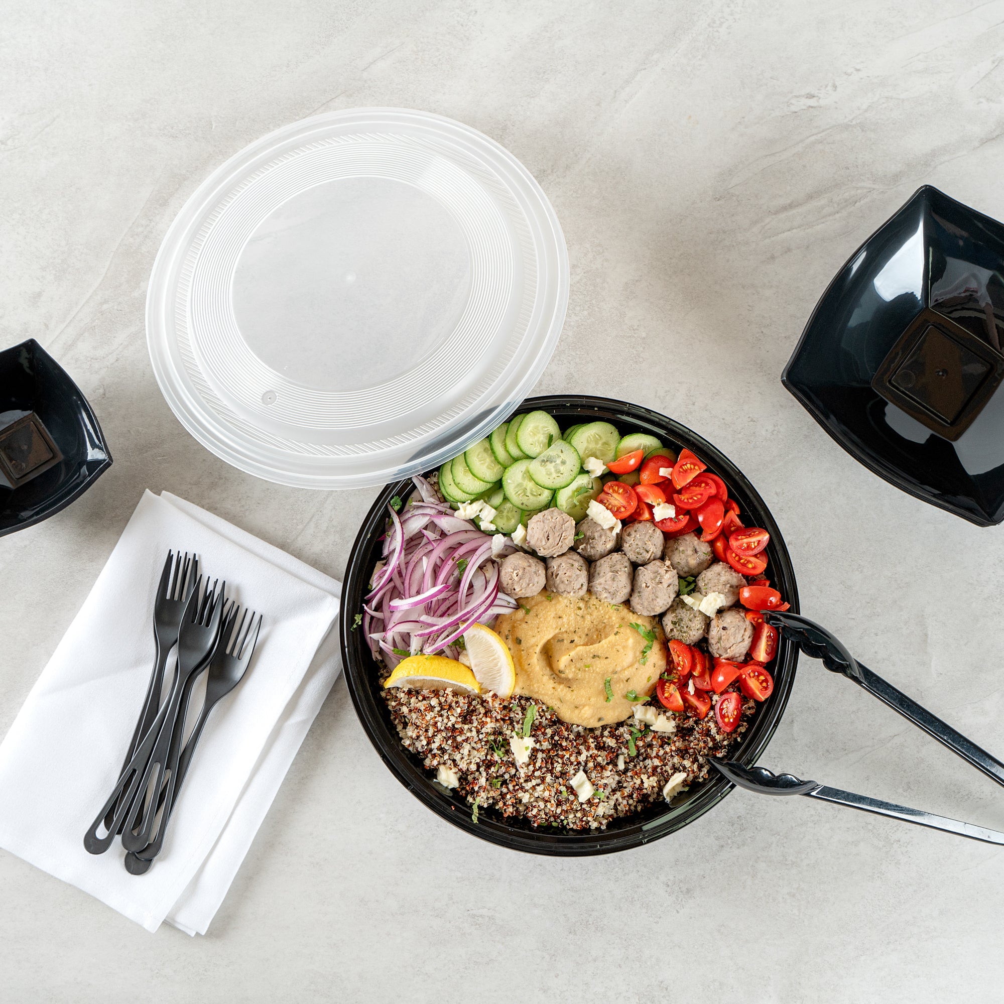 Cater Tek 142 oz Round Black Plastic Catering / Serving Bowl - with Clear Lid, Microwavable - 11 3/4" x 11 3/4" x 4" - 25 count box