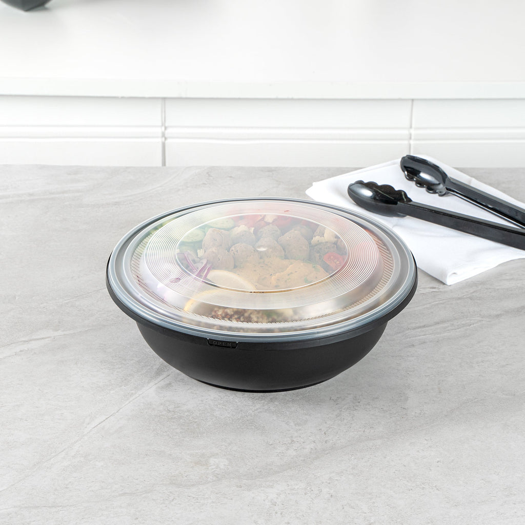 Cater Tek 142 oz Round Black Plastic Catering / Serving Bowl - with Clear Lid, Microwavable - 11 3/4" x 11 3/4" x 4" - 50 count box